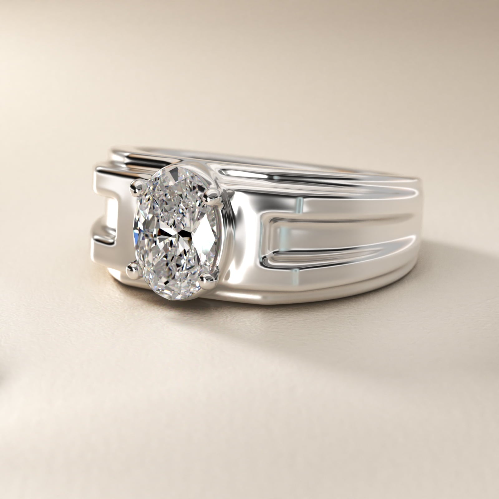 Men's Structured Solitaire Engagement Ring in Platinum - Oval Center