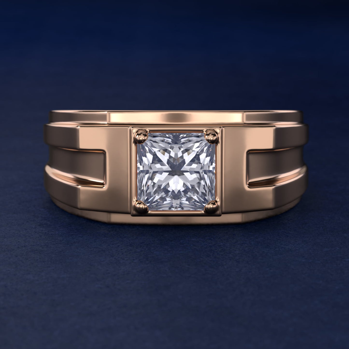 Men's Structured Solitaire Engagement Ring in 18k Rose Gold - Princess Center