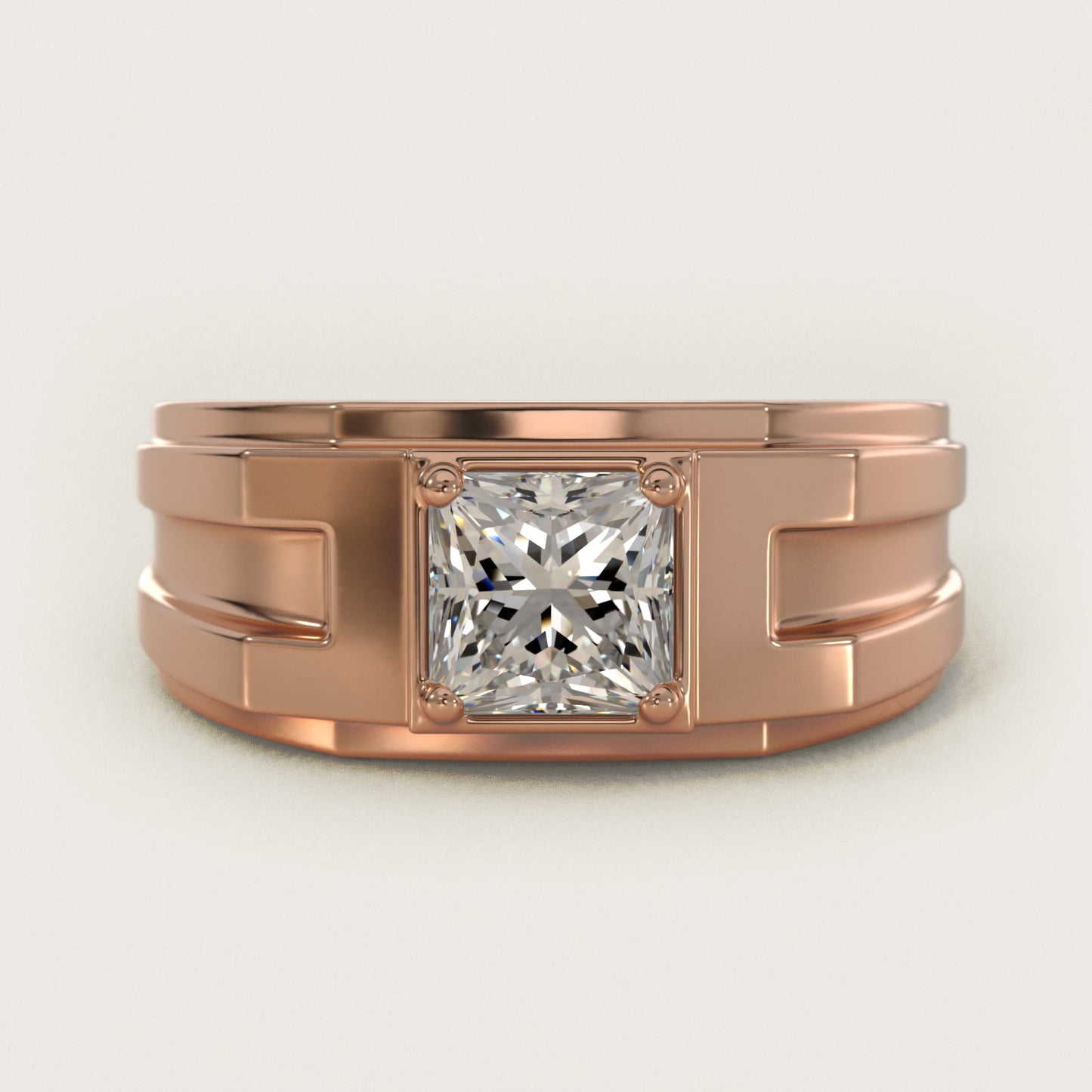 Men's Structured Solitaire Engagement Ring in 14k Rose Gold - Princess Center