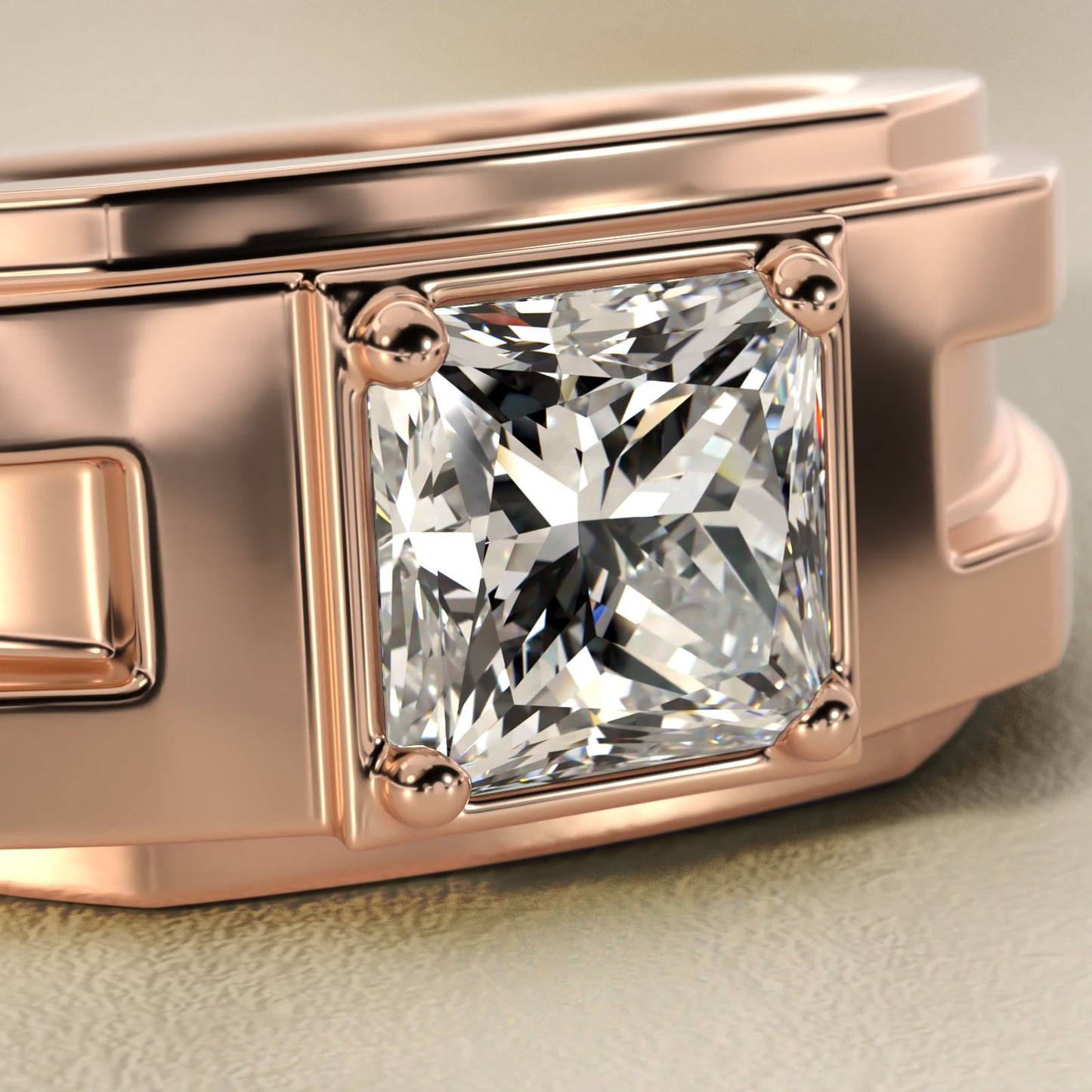 Men's Structured Solitaire Engagement Ring in 14k Rose Gold - Princess Center