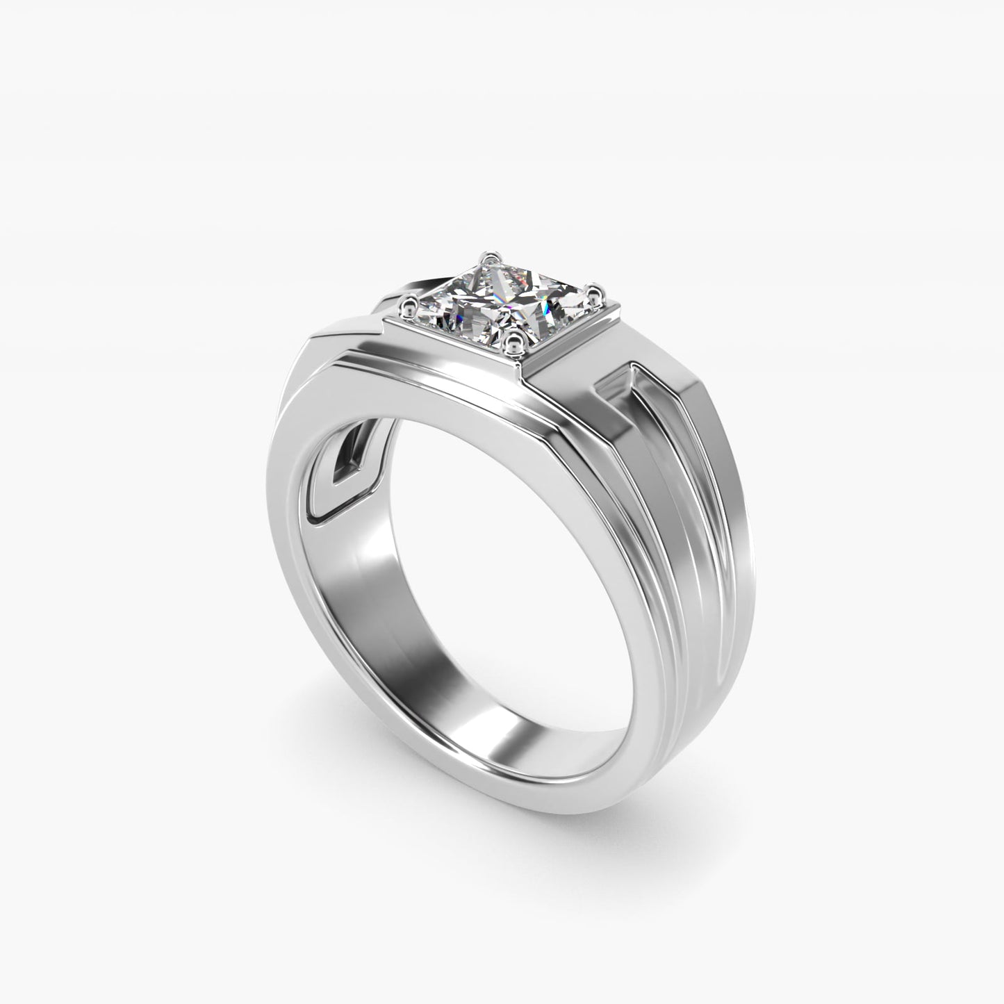 Men's Structured Solitaire Engagement Ring in 18k White Gold - Princess Center