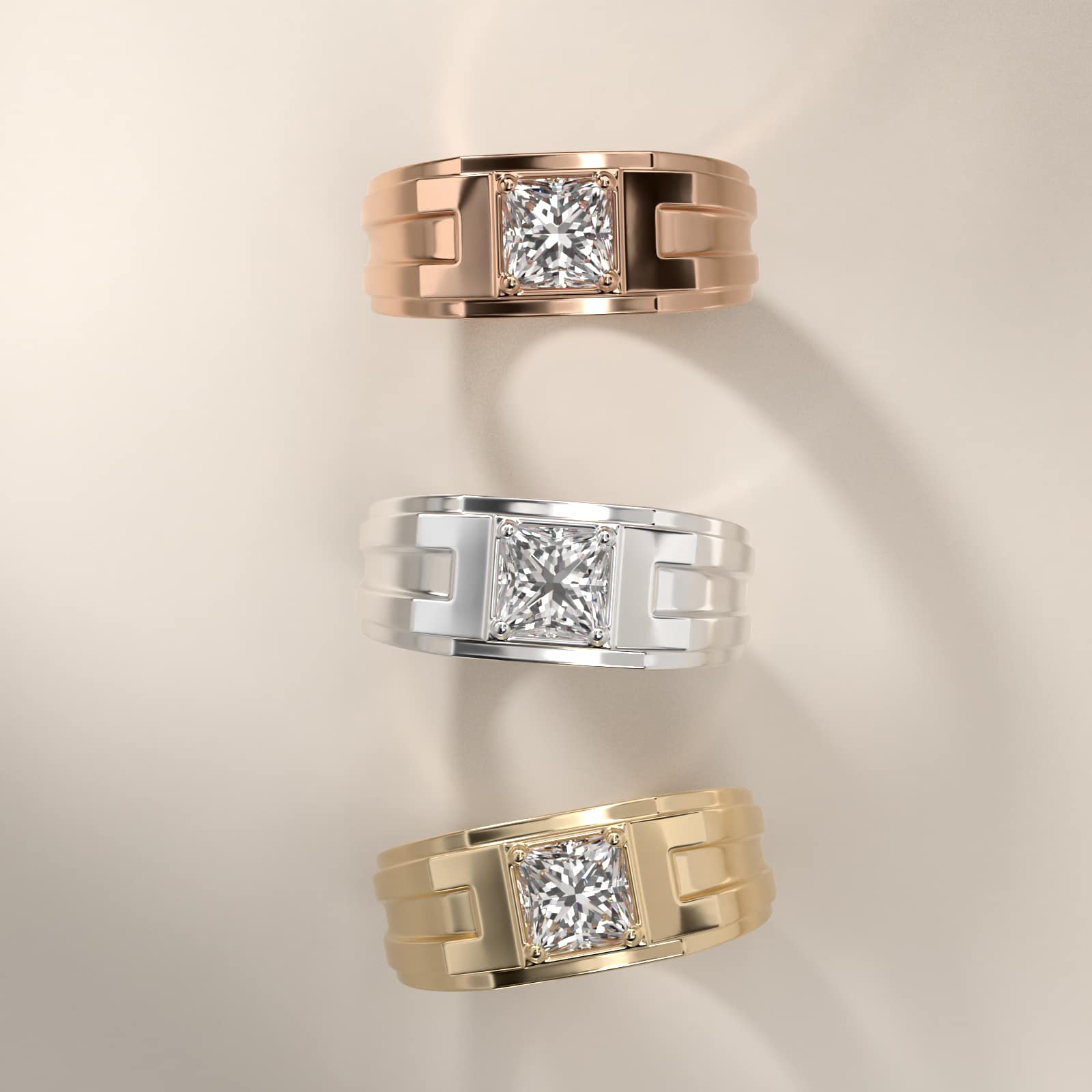 Men's Structured Solitaire Engagement Ring in 14k Yellow Gold - Princess Center