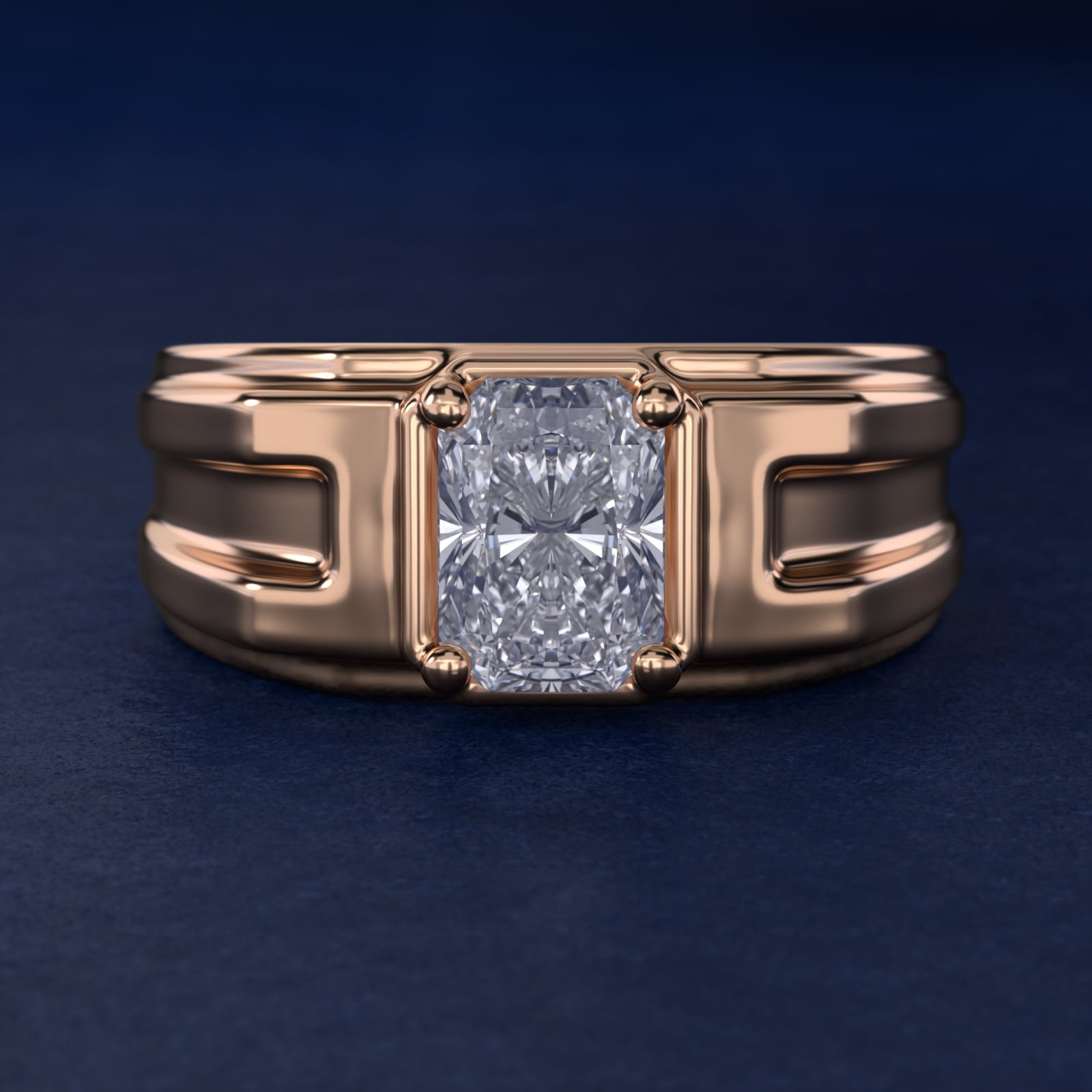 Men's Structured Solitaire Engagement Ring in 18k Rose Gold - Radiant Center