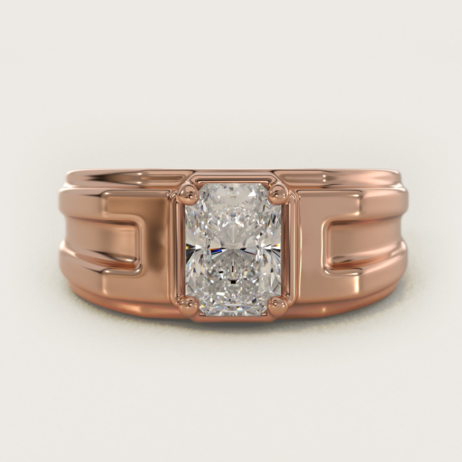Men's Structured Solitaire Engagement Ring in 14k Rose Gold - Radiant Center