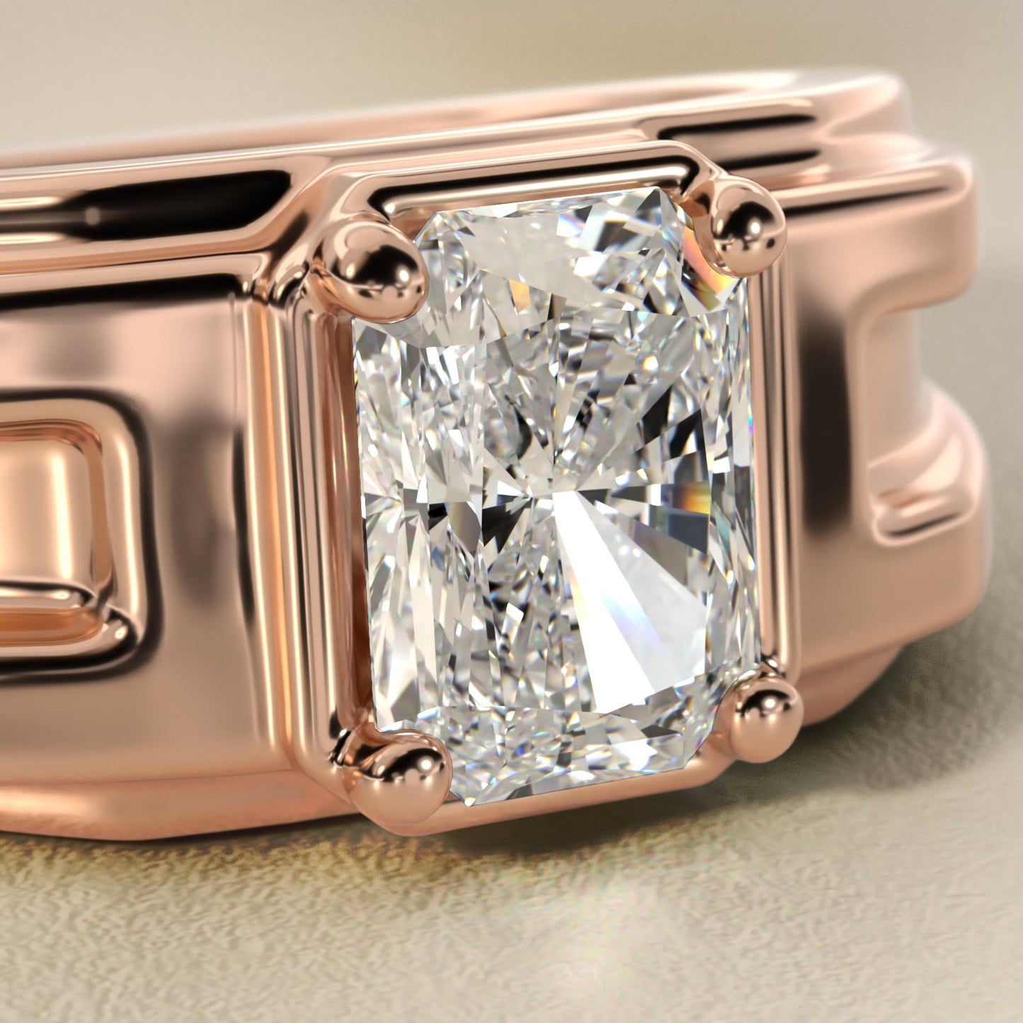 Men's Structured Solitaire Engagement Ring in 18k Rose Gold - Radiant Center