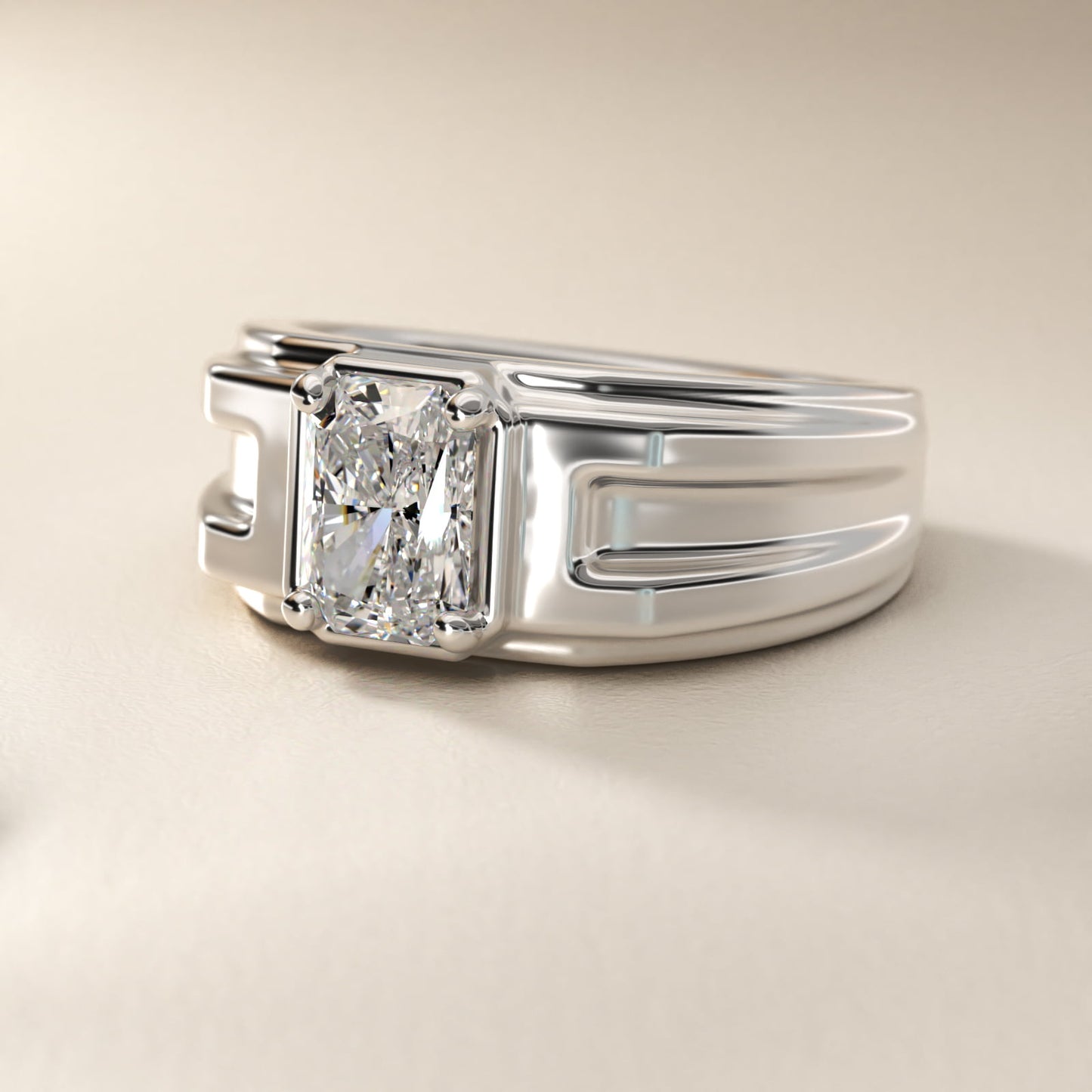 Men's Structured Solitaire Engagement Ring in 18k White Gold - Radiant Center