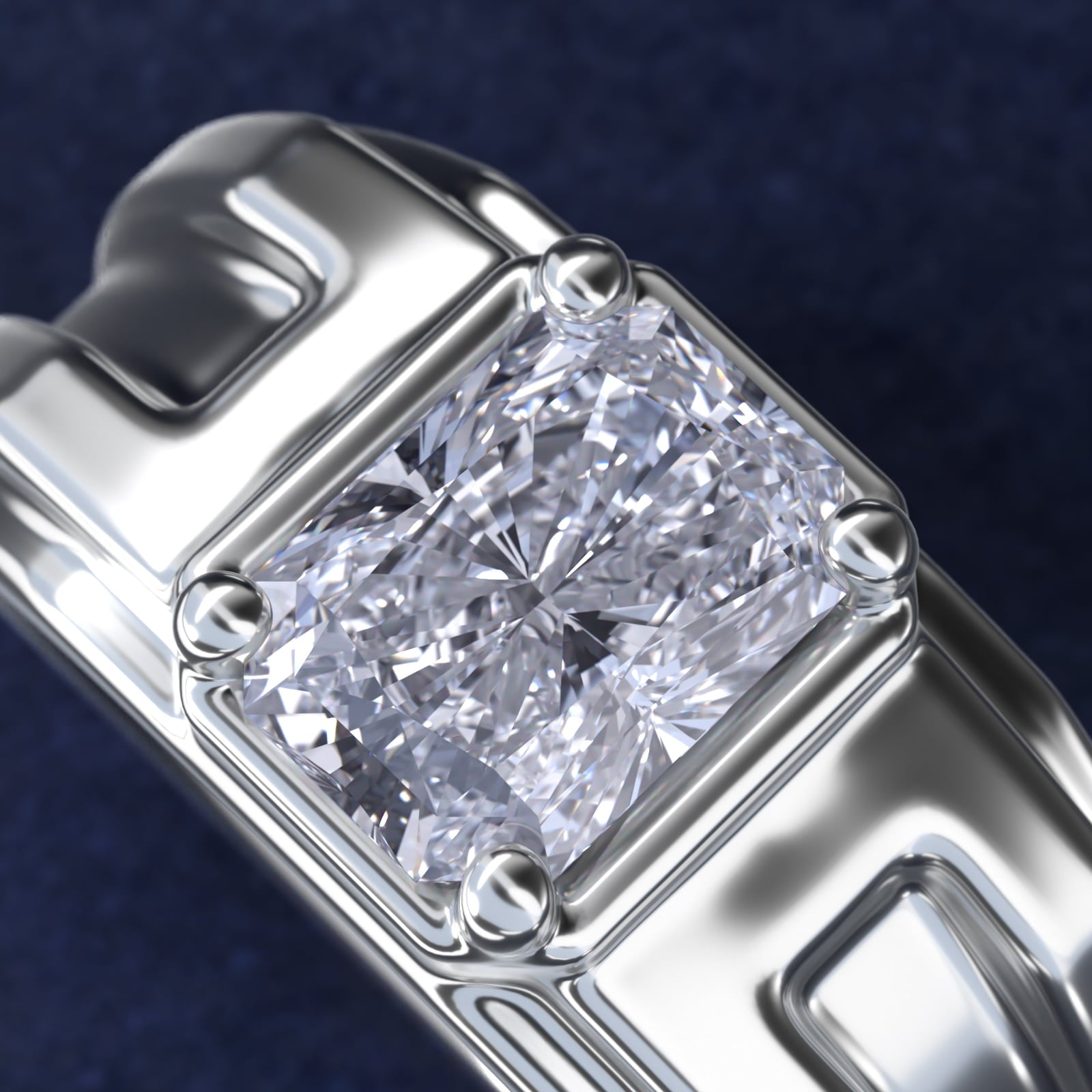 Men's Structured Solitaire Engagement Ring in 18k White Gold - Radiant Center