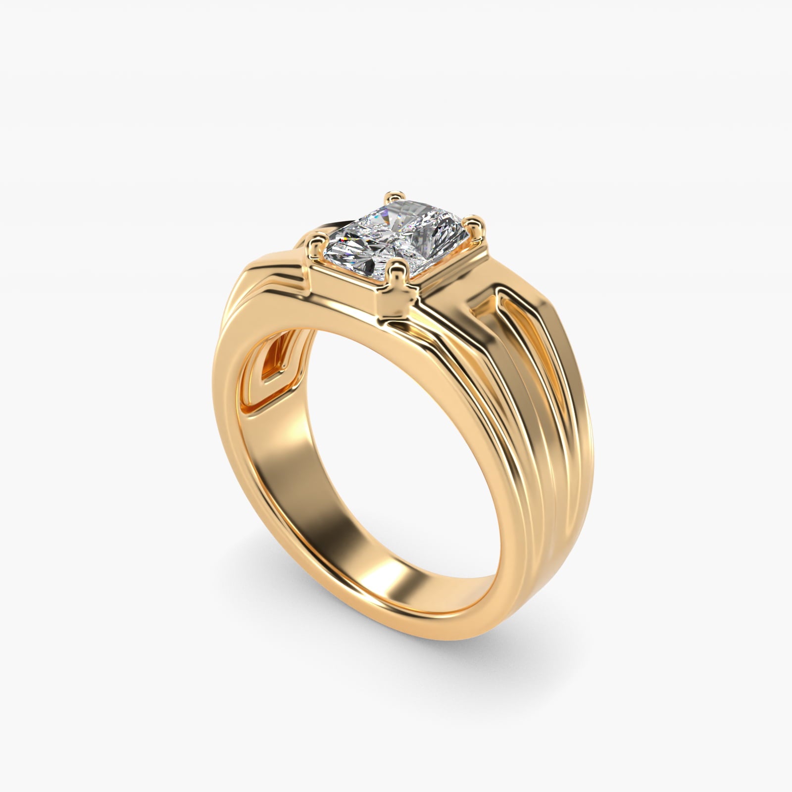 Men's Structured Solitaire Engagement Ring in 14k Yellow Gold - Radiant Center