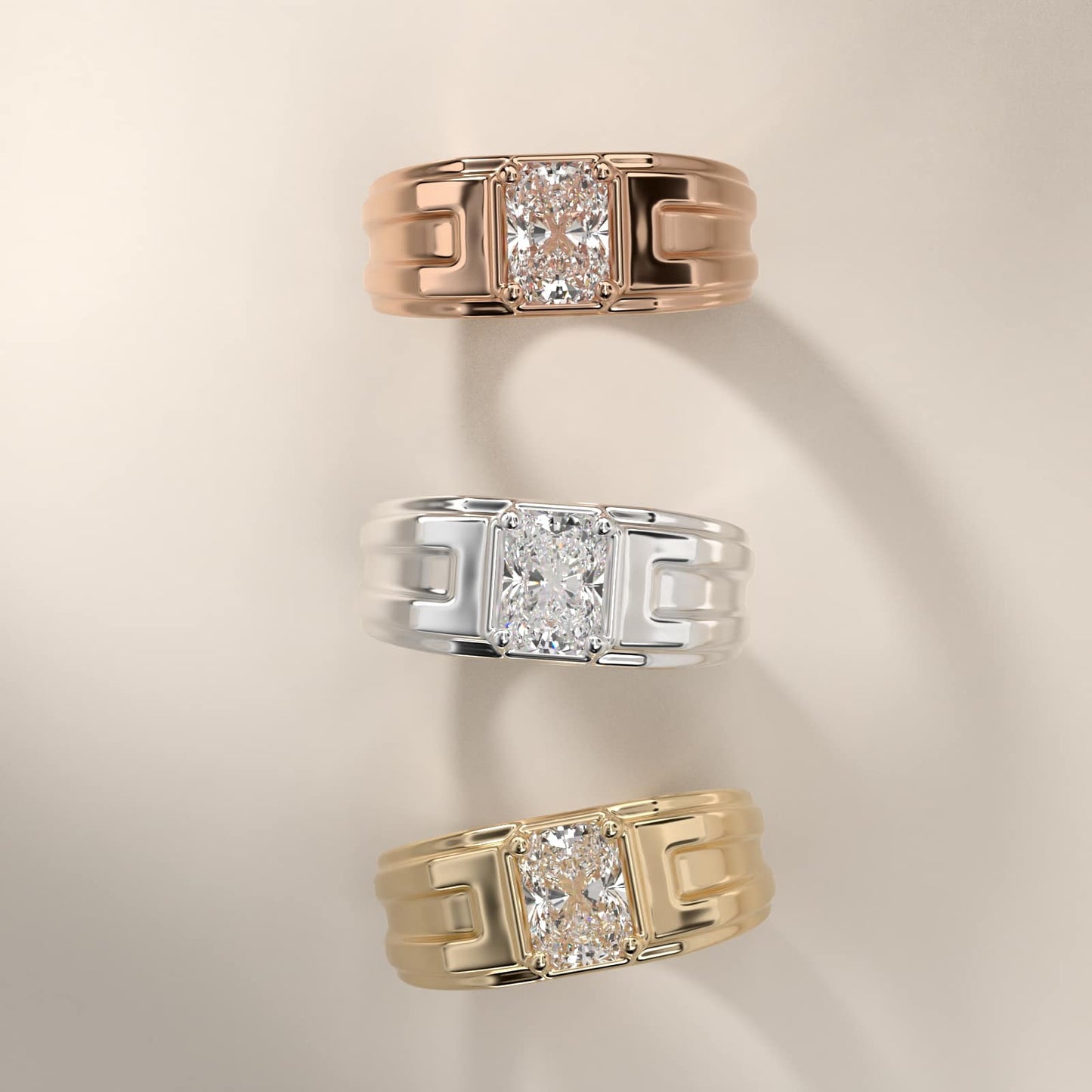 Men's Structured Solitaire Engagement Ring in 18k Yellow Gold - Radiant Center