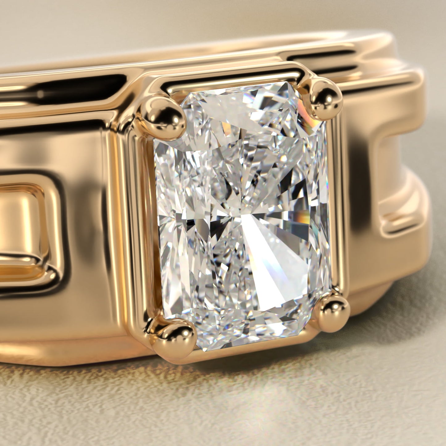 Men's Structured Solitaire Engagement Ring in 18k Yellow Gold - Radiant Center