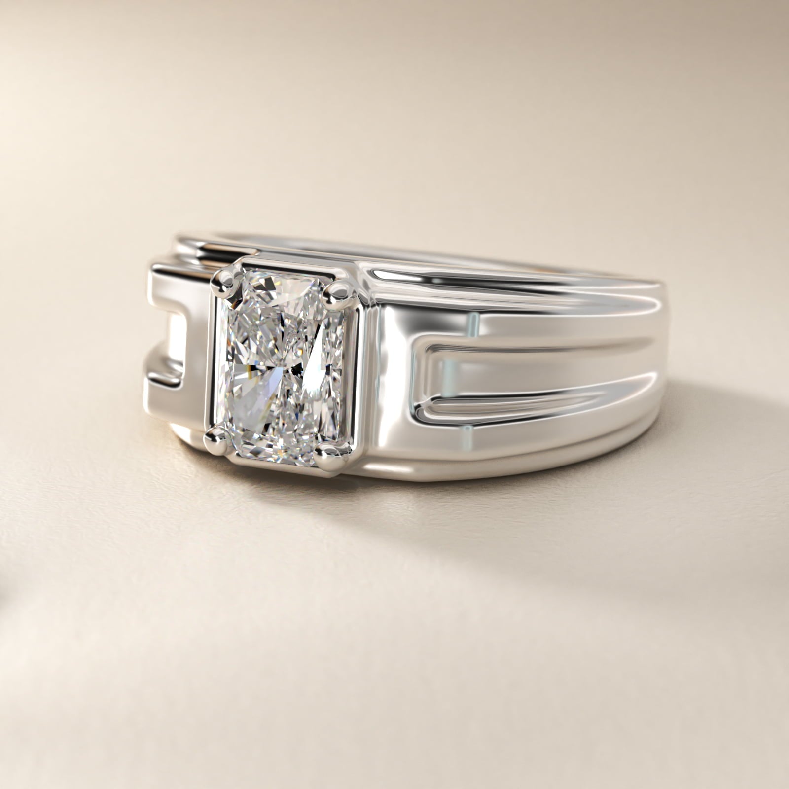 Men's Structured Solitaire Engagement Ring in Platinum - Radiant Center