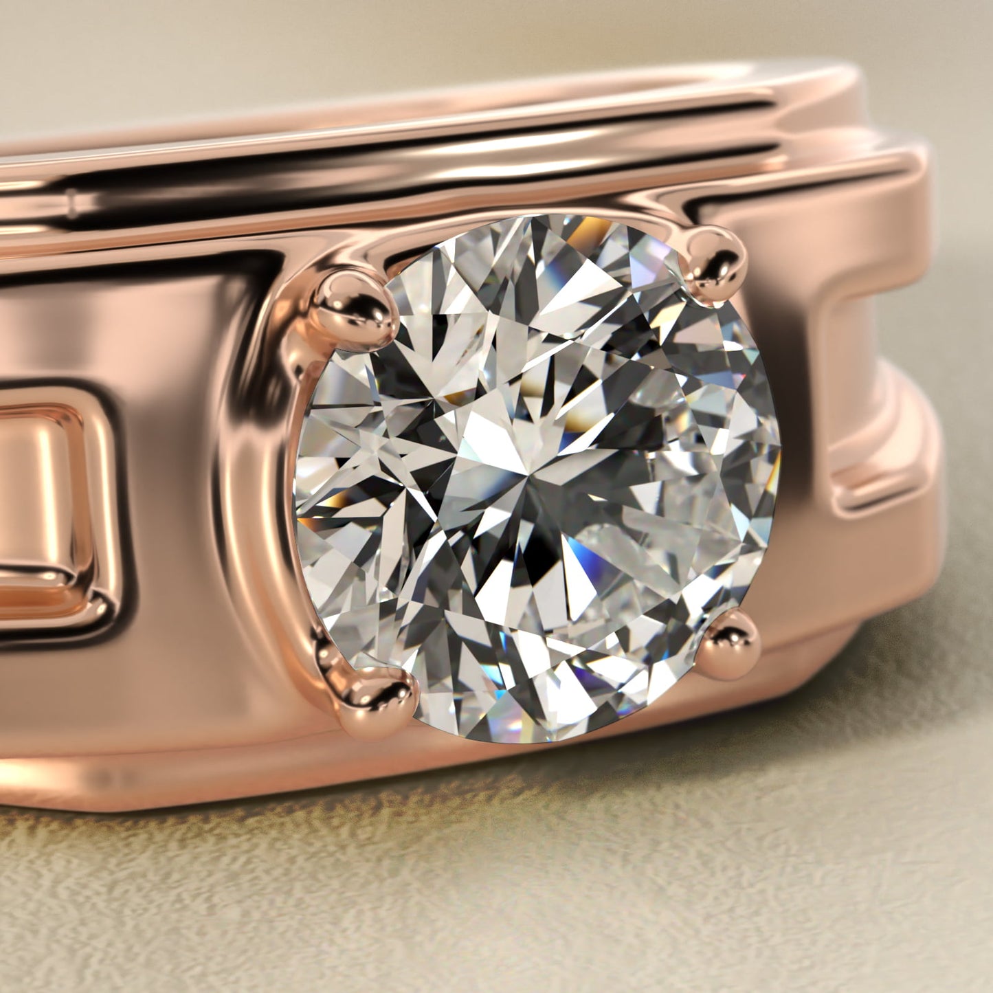 Men's Structured Solitaire Engagement Ring in 18k Rose Gold - Round Center