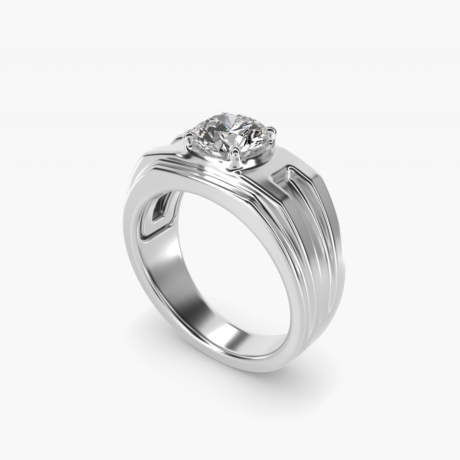 Men's Structured Solitaire Engagement Ring in 18k White Gold - Round Center