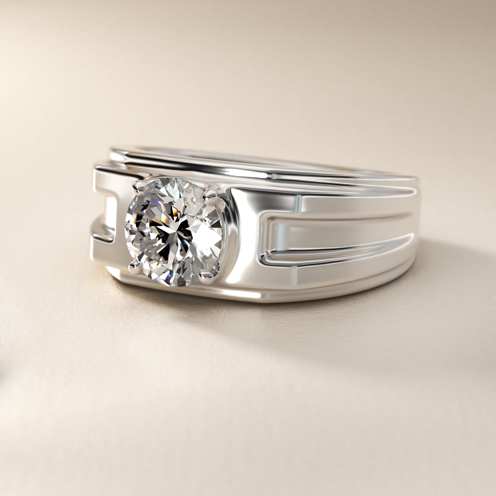 Men's Structured Solitaire Engagement Ring in 18k White Gold - Round Center