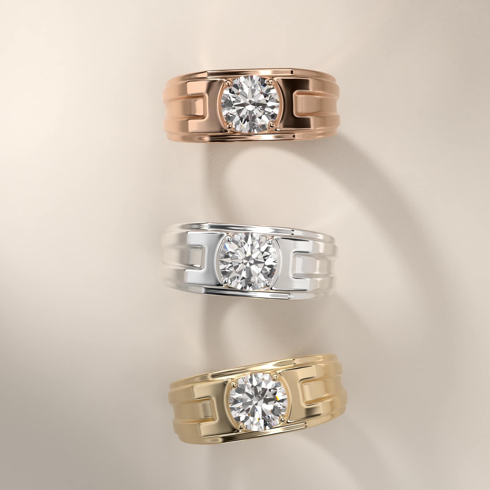 Men's Structured Solitaire Engagement Ring in 18k Yellow Gold - Round Center