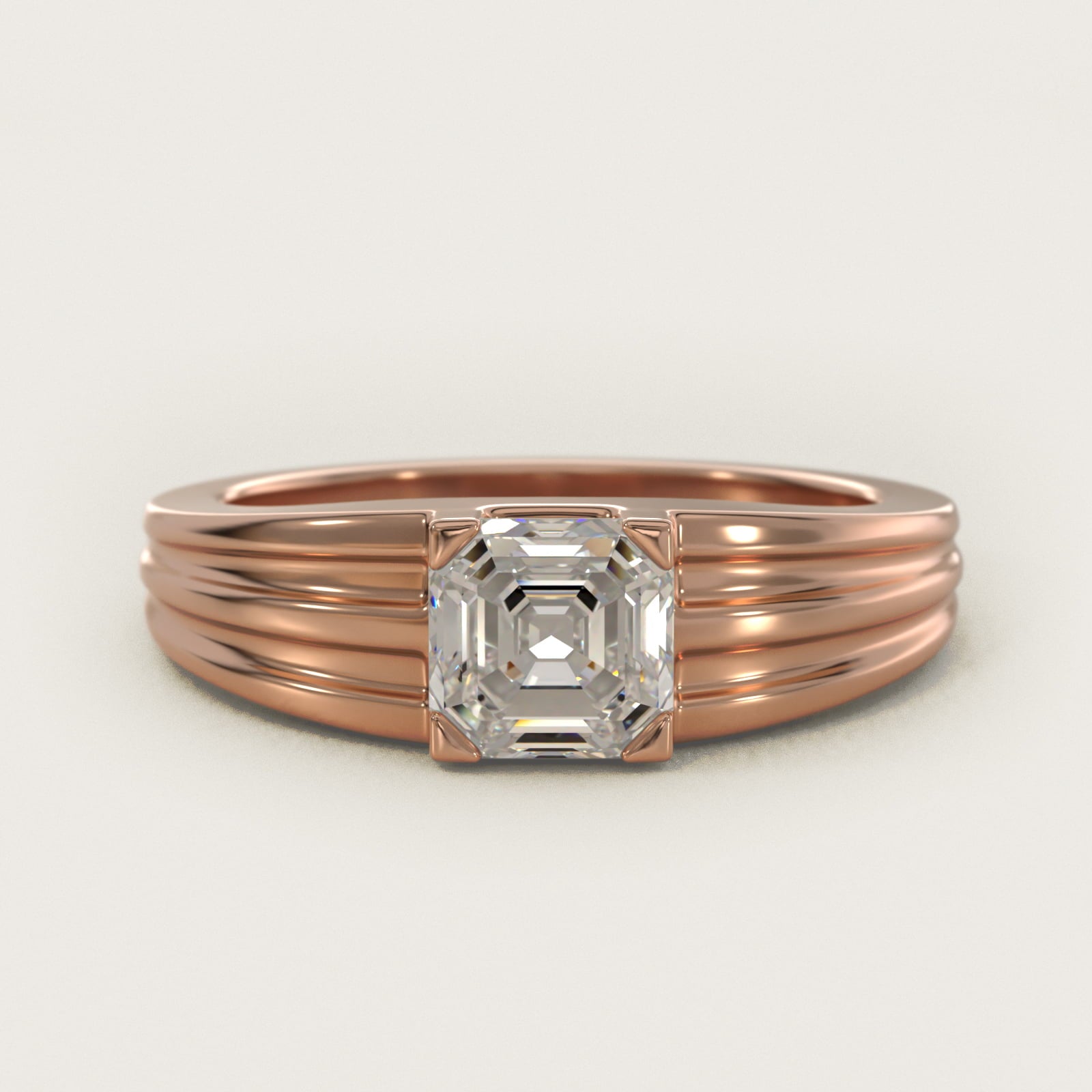 Men's Tapered Grooved Solitaire Engagement Ring in 14k Rose Gold - Asscher Center