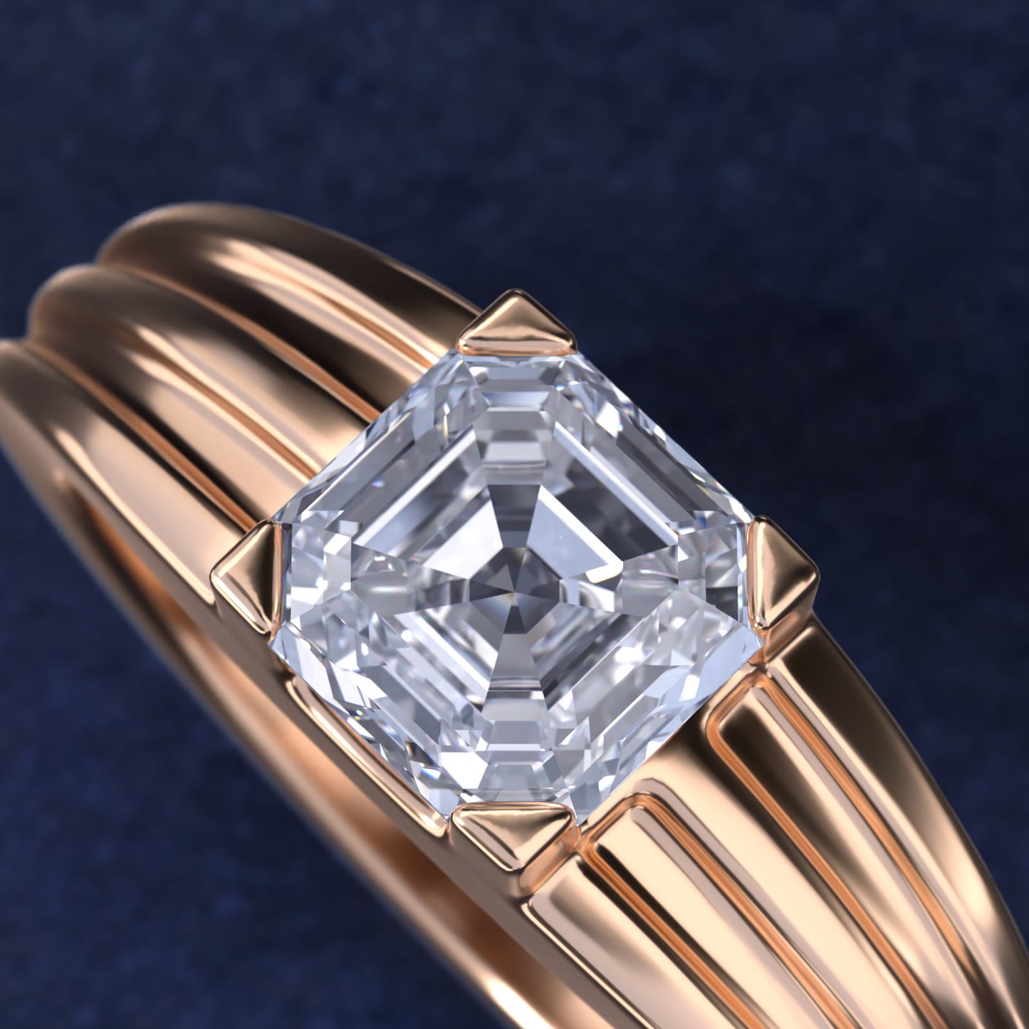 Men's Tapered Grooved Solitaire Engagement Ring in 18k Rose Gold - Asscher Center