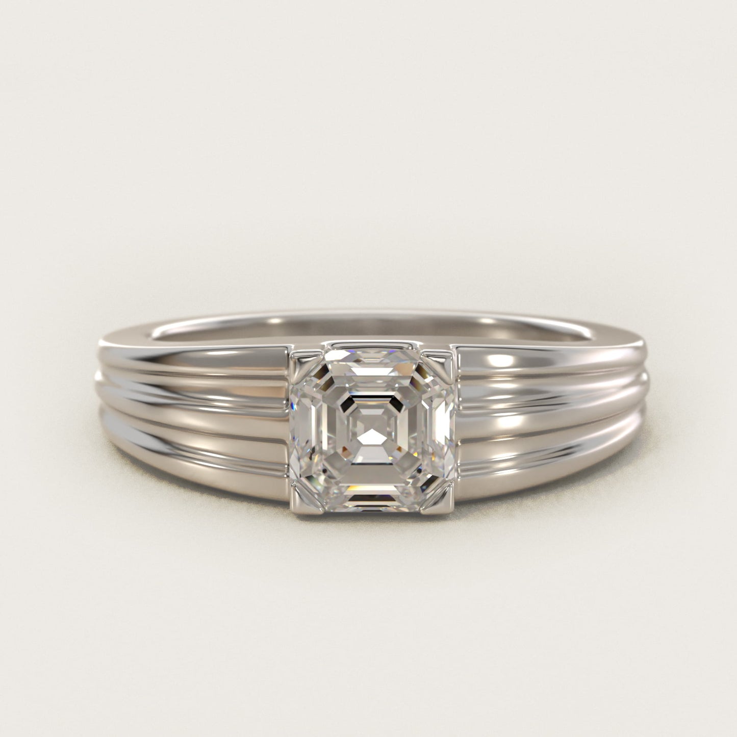 Men's Tapered Grooved Solitaire Engagement Ring in 14k White Gold - Asscher Center