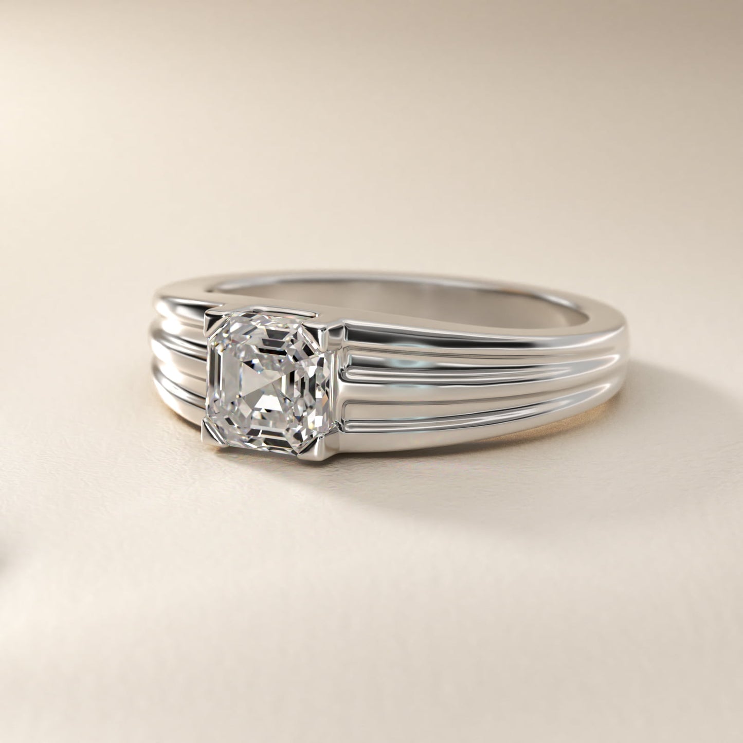 Men's Tapered Grooved Solitaire Engagement Ring in 18k White Gold - Asscher Center