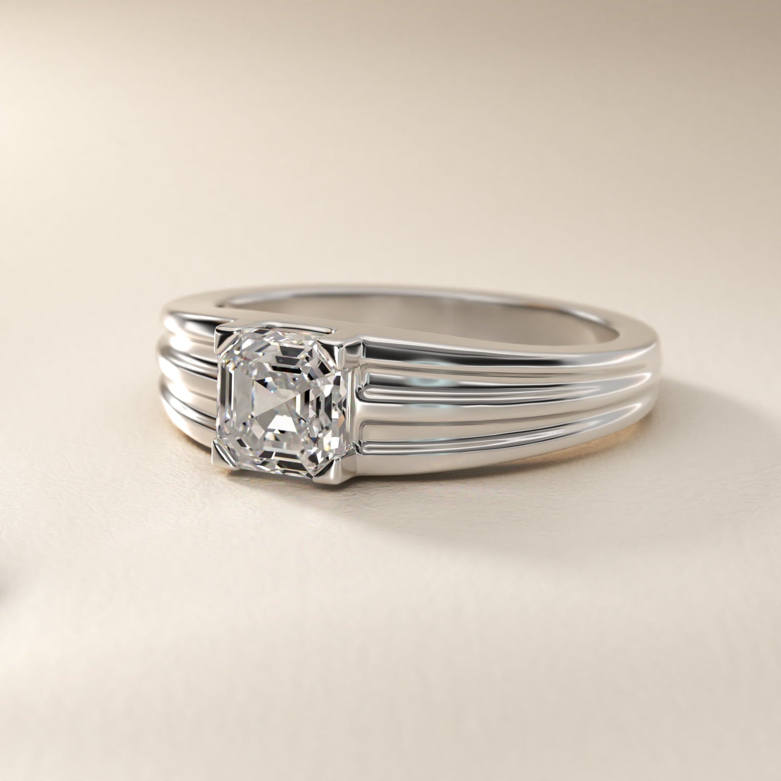 Men's Tapered Grooved Solitaire Engagement Ring in 18k White Gold - Asscher Center