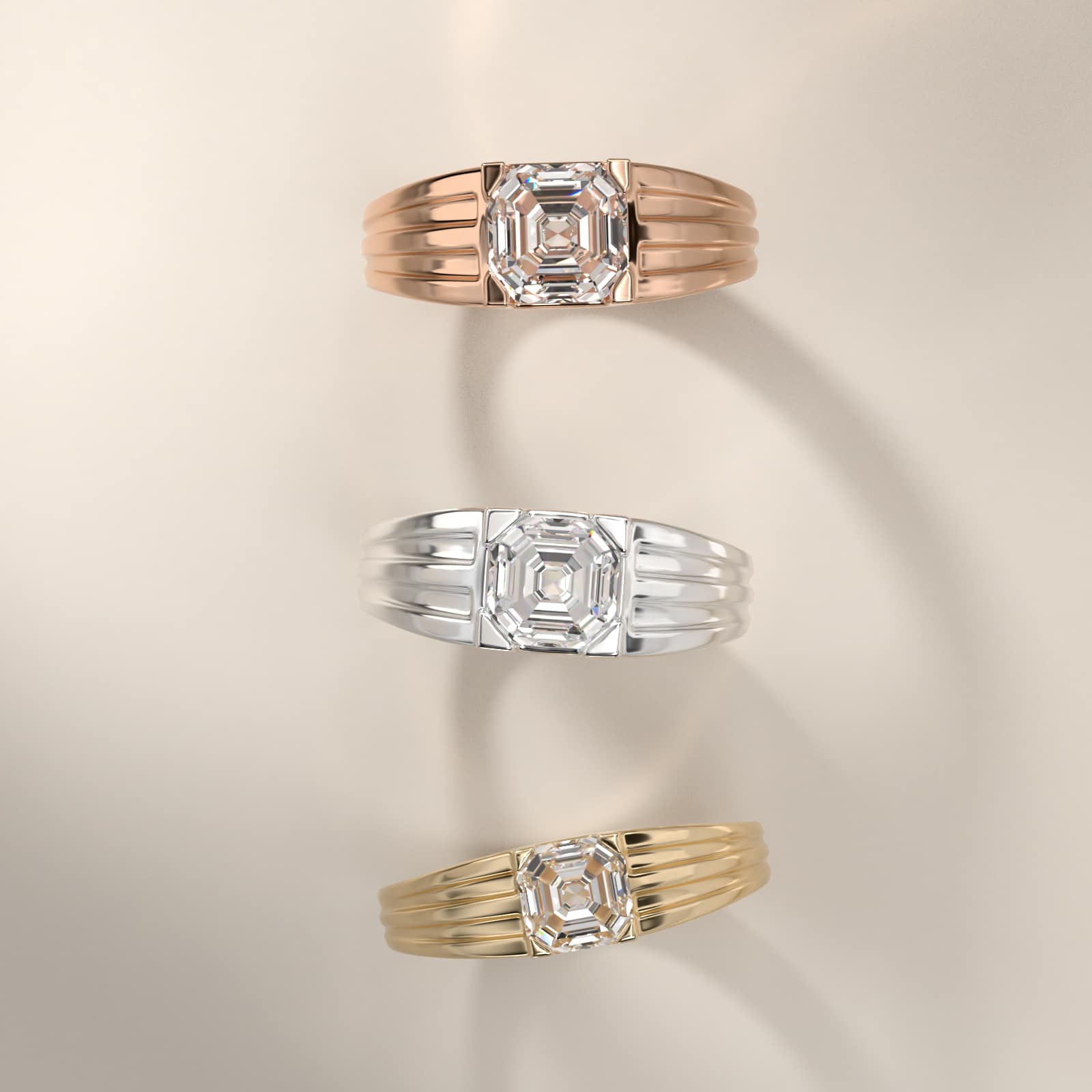 Men's Tapered Grooved Solitaire Engagement Ring in 18k White Gold - Asscher Center
