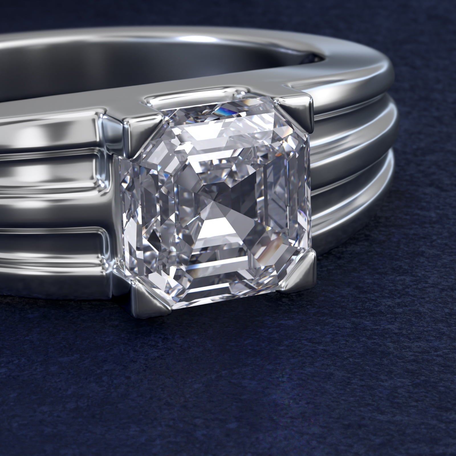 Men's Tapered Grooved Solitaire Engagement Ring in 14k White Gold - Asscher Center