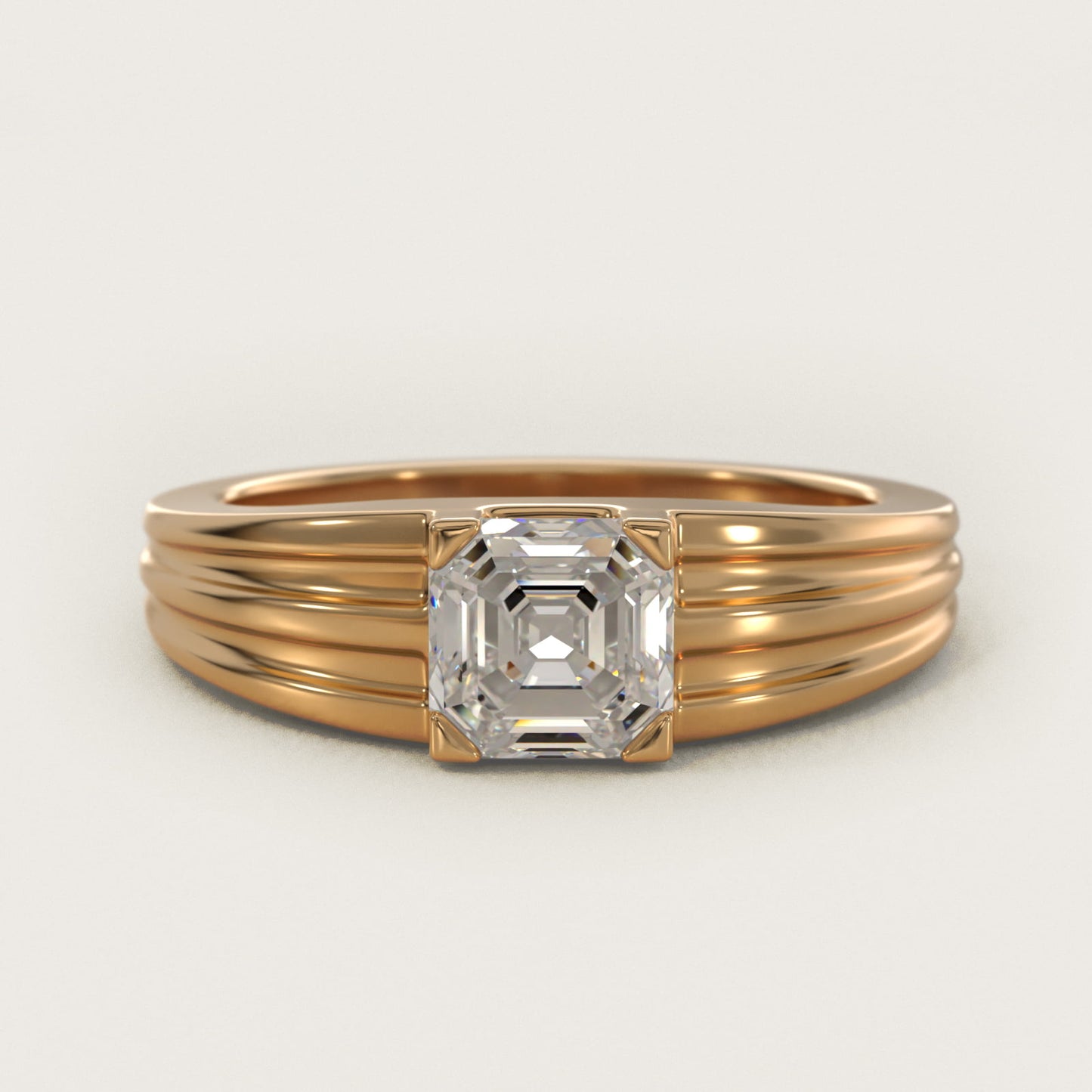 Men's Tapered Grooved Solitaire Engagement Ring in 18k Yellow Gold - Asscher Center
