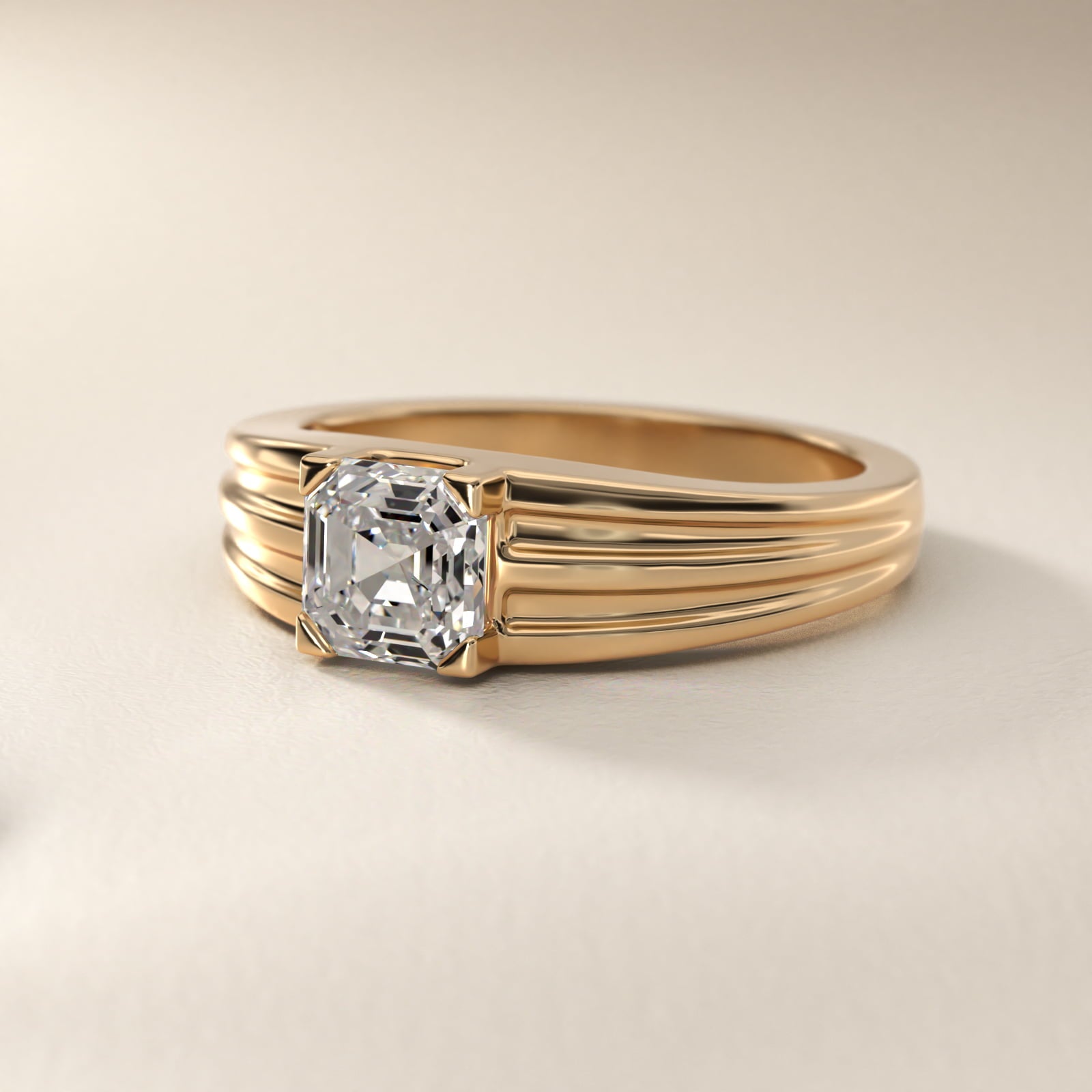 Men's Tapered Grooved Solitaire Engagement Ring in 14k Yellow Gold - Asscher Center