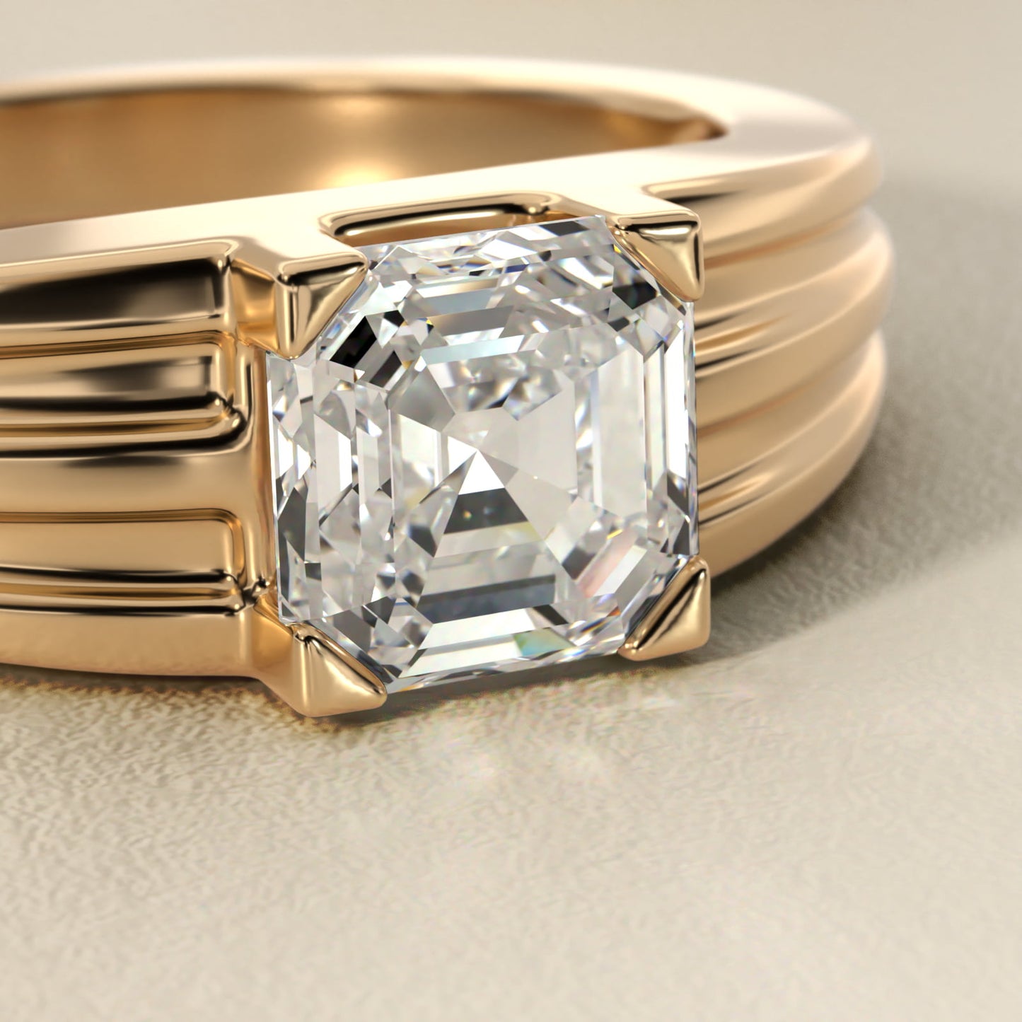 Men's Tapered Grooved Solitaire Engagement Ring in 14k Yellow Gold - Asscher Center