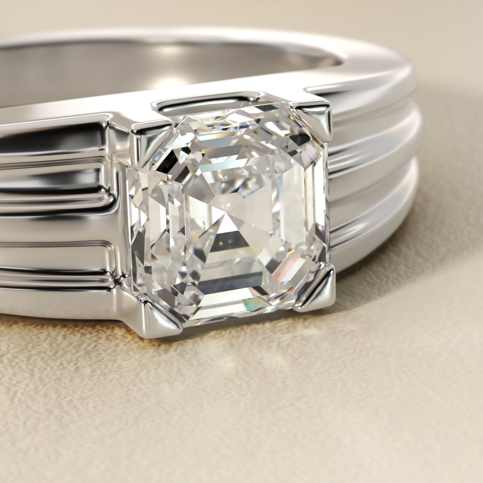 Men's Tapered Grooved Solitaire Engagement Ring in Platinum - Asscher Center
