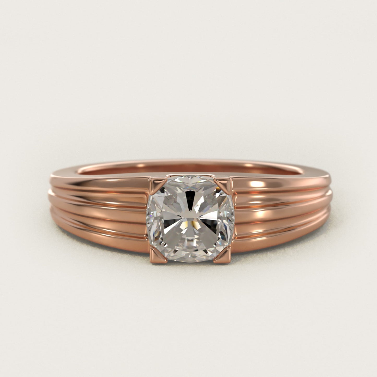 Men's Tapered Grooved Solitaire Engagement Ring in 18k Rose Gold - Cushion Center