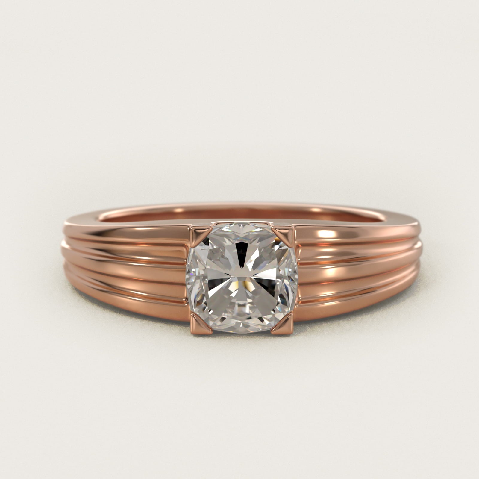 Men's Tapered Grooved Solitaire Engagement Ring in 18k Rose Gold - Cushion Center