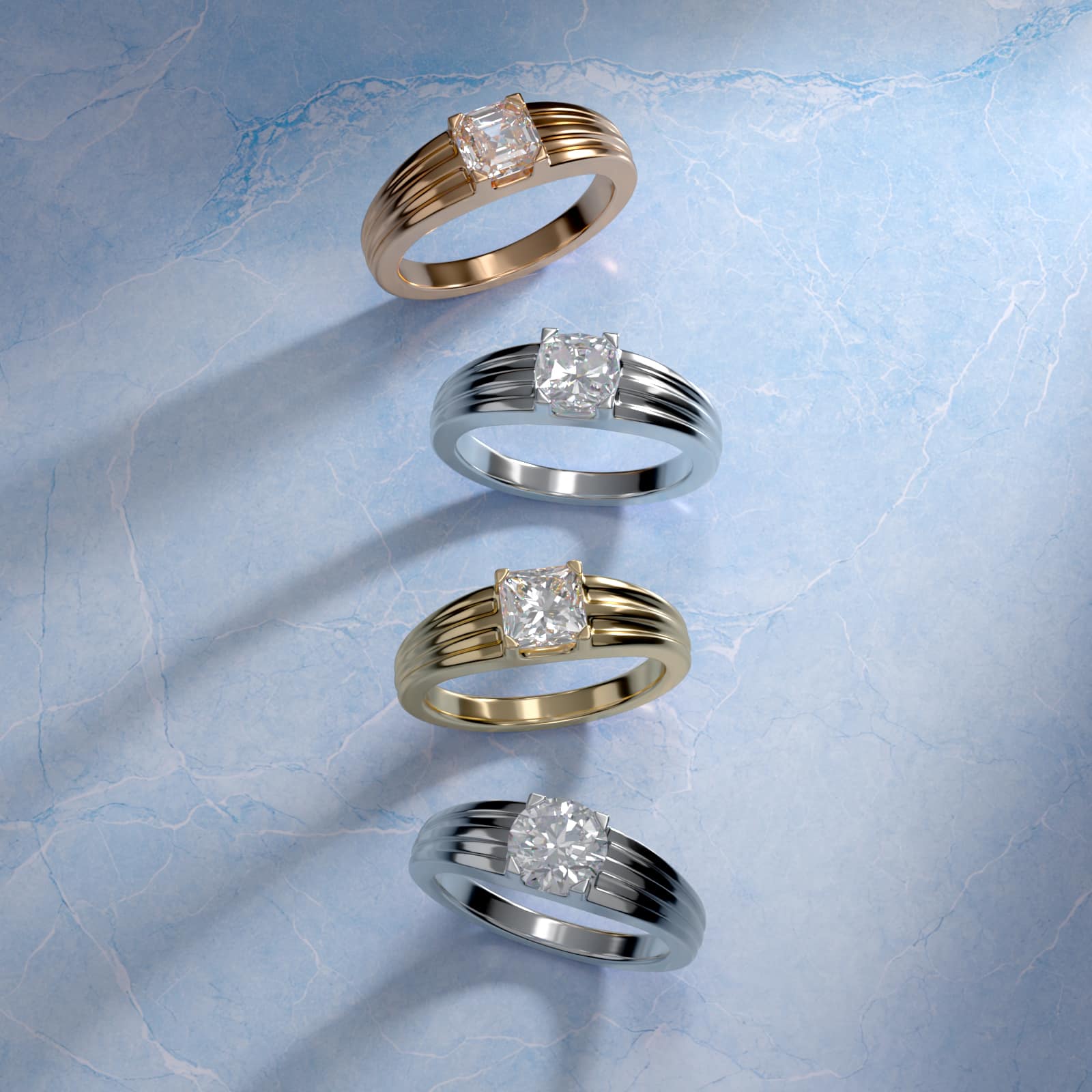Men's Tapered Grooved Solitaire Engagement Ring in 14k Rose Gold - Cushion Center