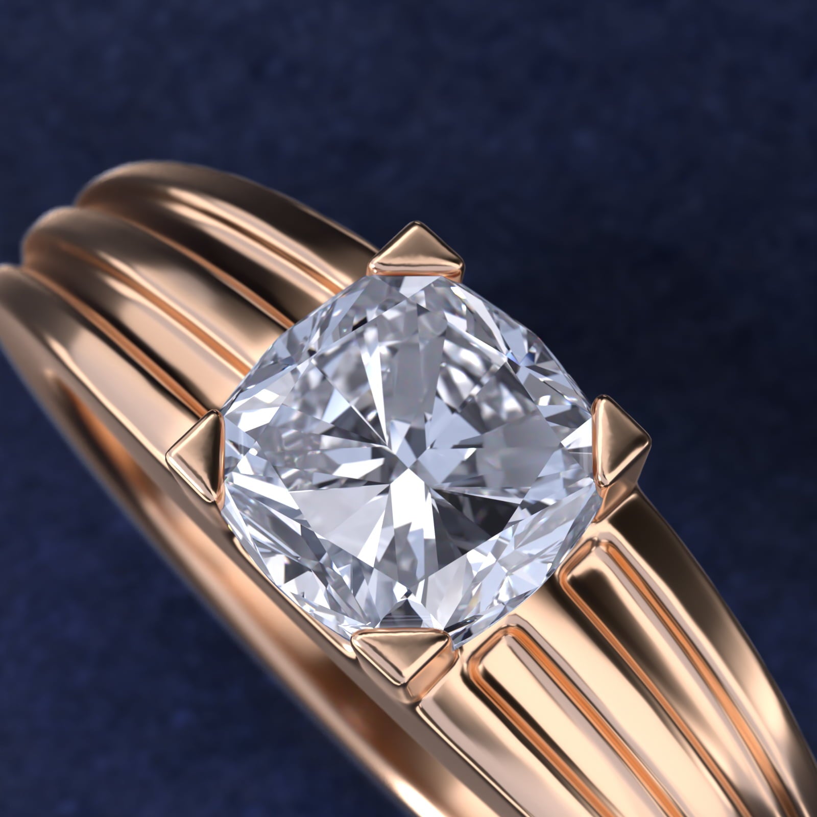 Men's Tapered Grooved Solitaire Engagement Ring in 14k Rose Gold - Cushion Center