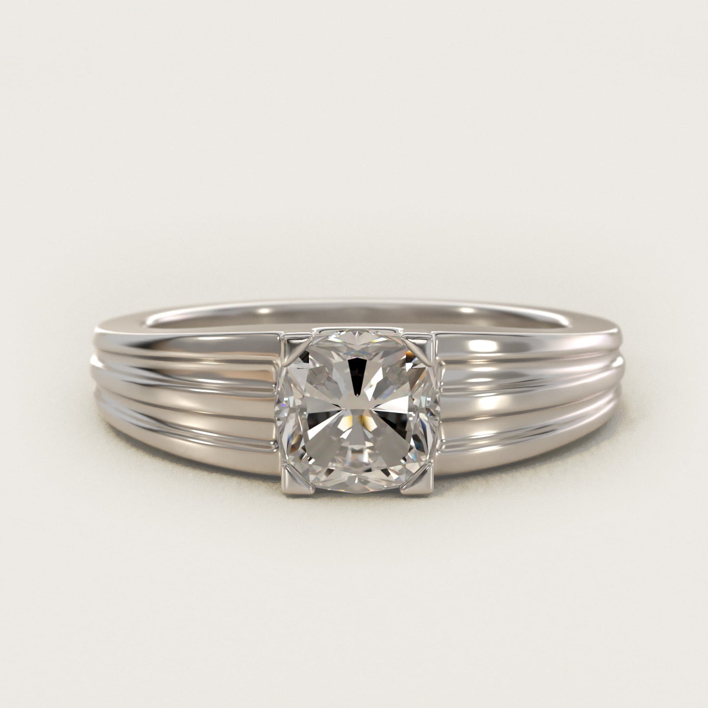 Men's Tapered Grooved Solitaire Engagement Ring in 18k White Gold - Cushion Center