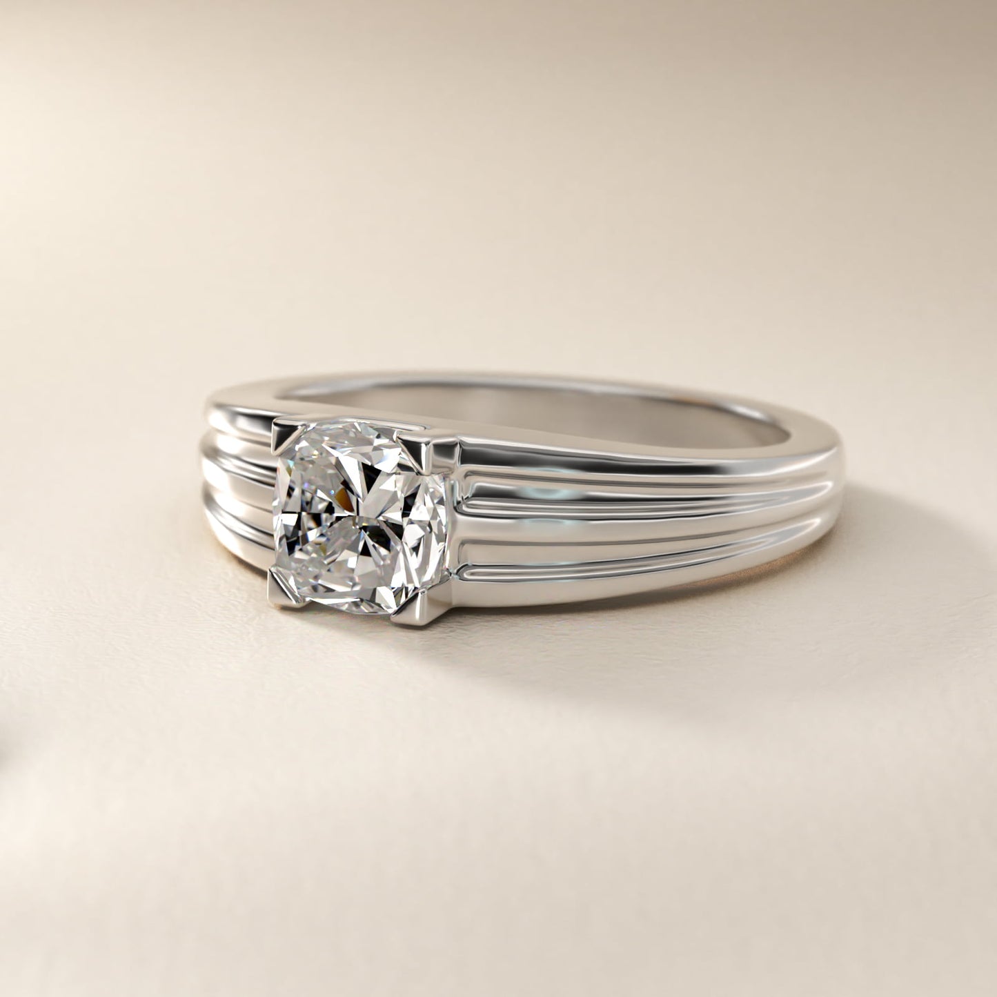 Men's Tapered Grooved Solitaire Engagement Ring in 18k White Gold - Cushion Center