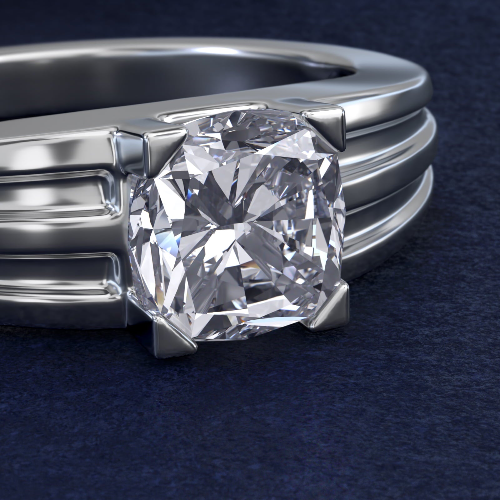 Men's Tapered Grooved Solitaire Engagement Ring in 14k White Gold - Cushion Center