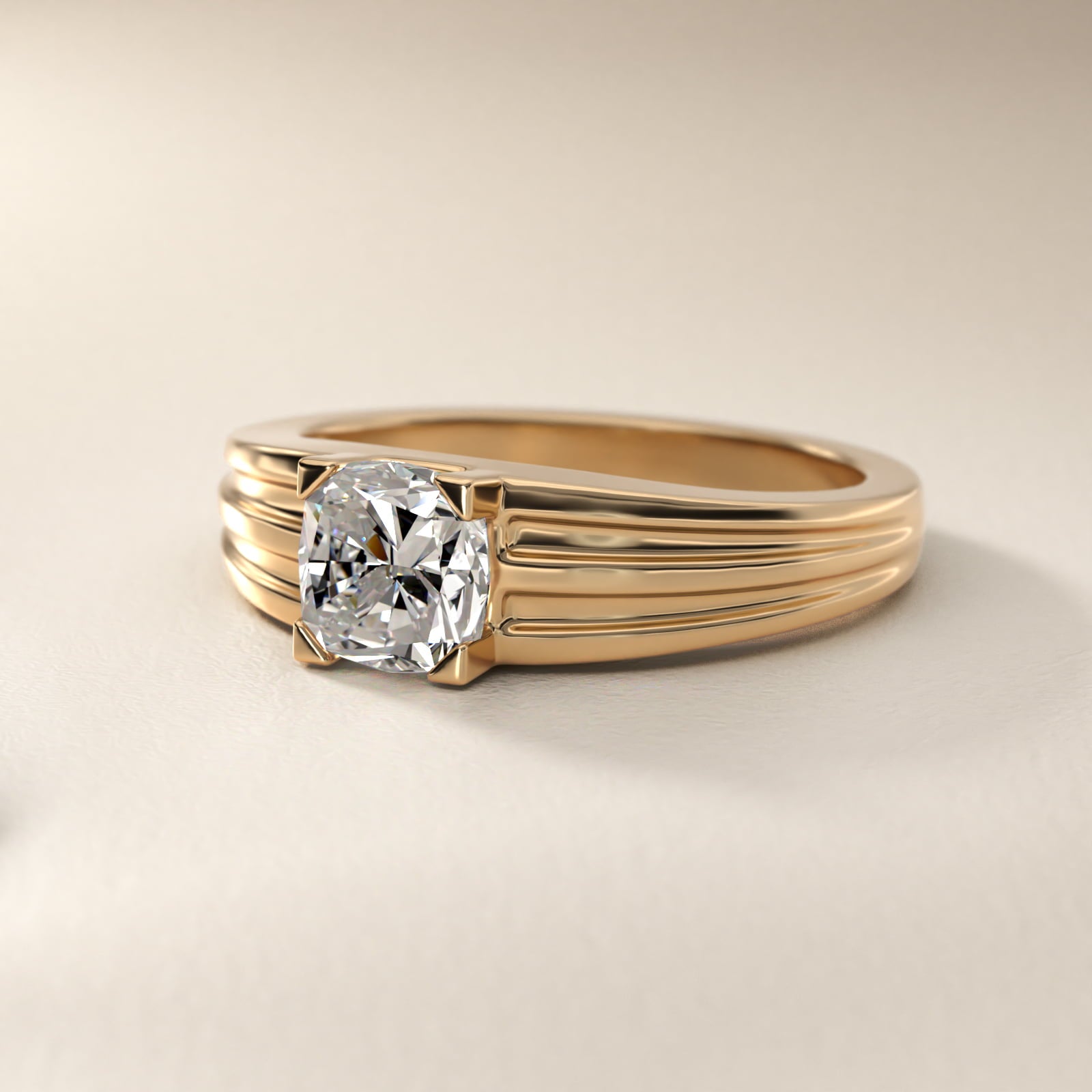 Men's Tapered Grooved Solitaire Engagement Ring in 14k Yellow Gold - Cushion Center