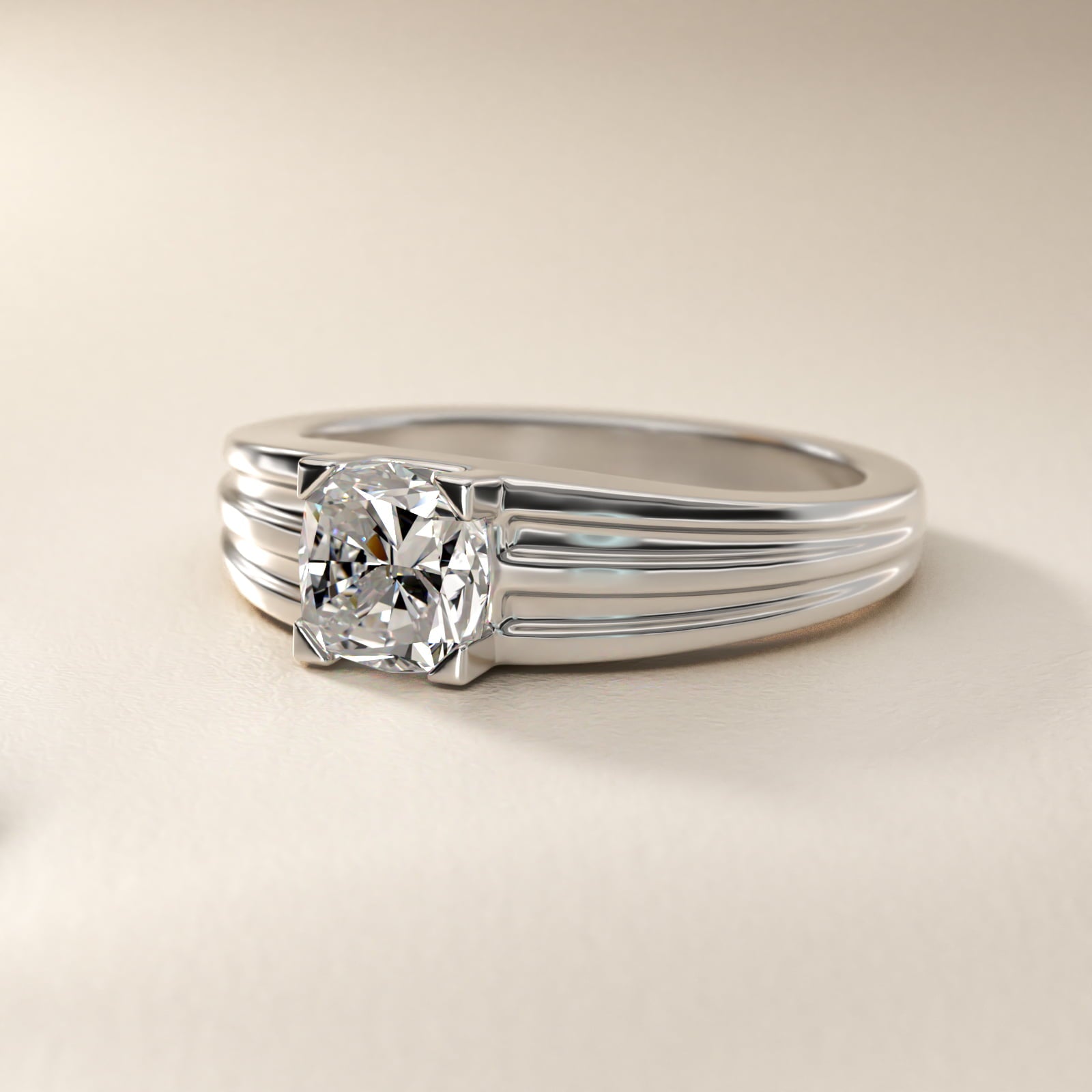 Men's Tapered Grooved Solitaire Engagement Ring in Platinum - Cushion Center