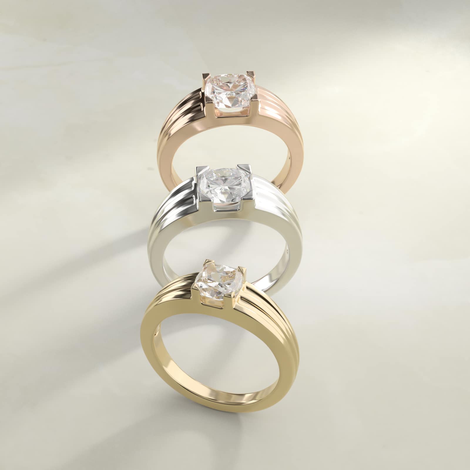 Men's Tapered Grooved Solitaire Engagement Ring in Platinum - Cushion Center