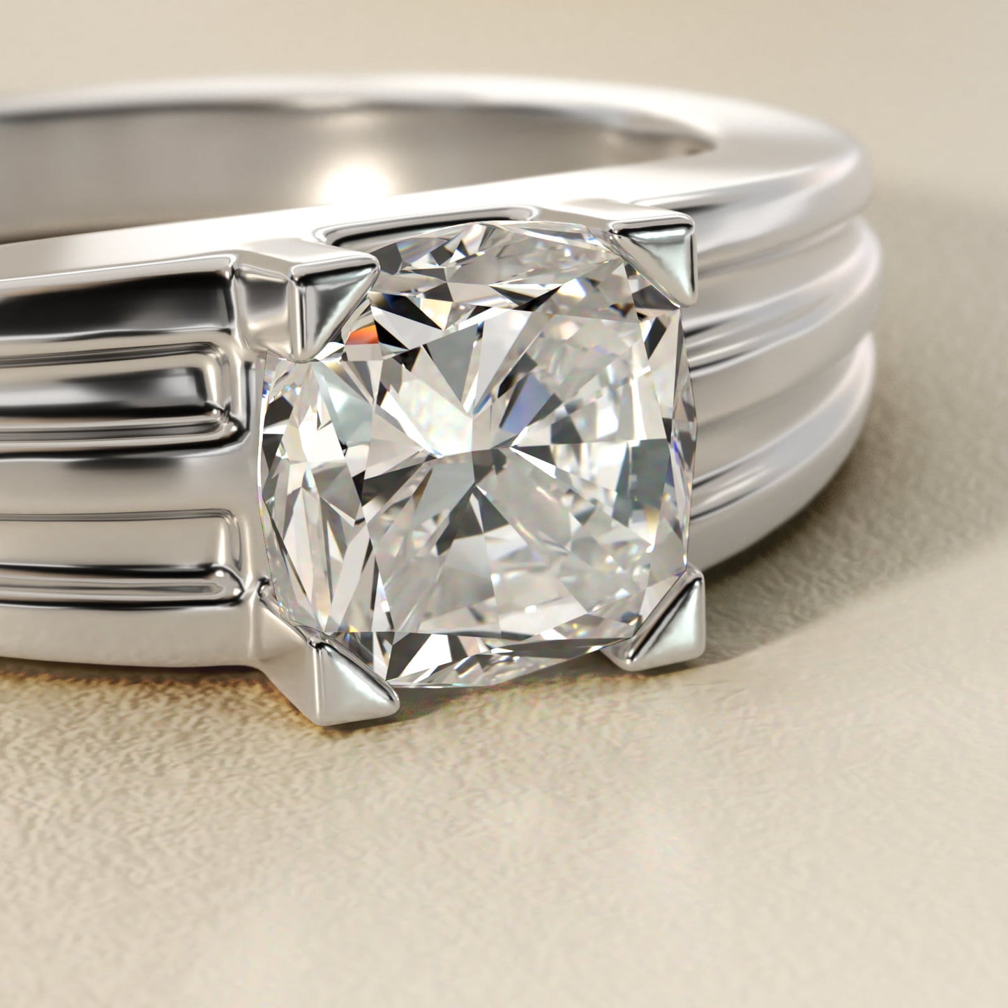 Men's Tapered Grooved Solitaire Engagement Ring in Platinum - Cushion Center