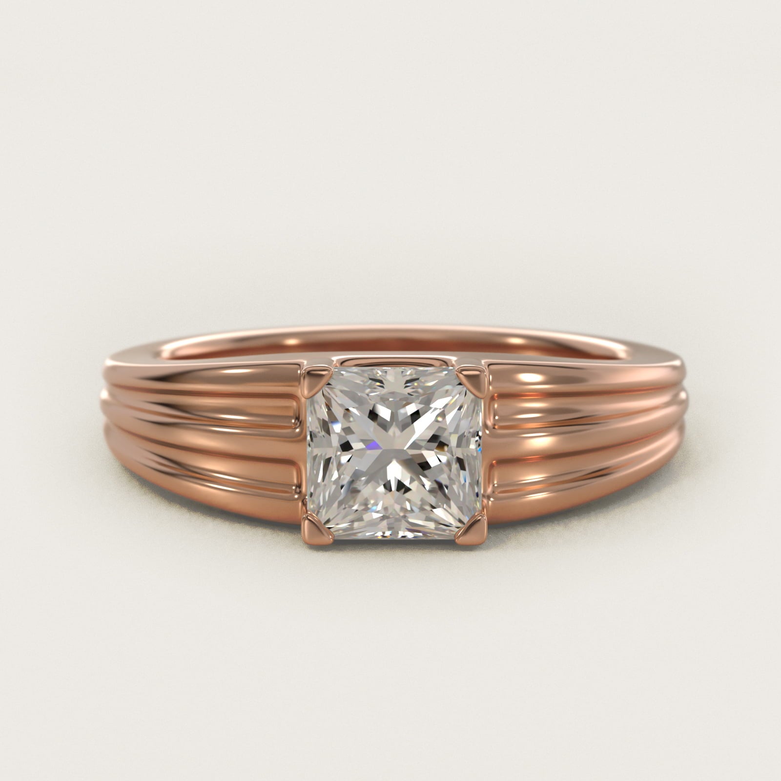 Men's Tapered Grooved Solitaire Engagement Ring in 18k Rose Gold - Princess Center