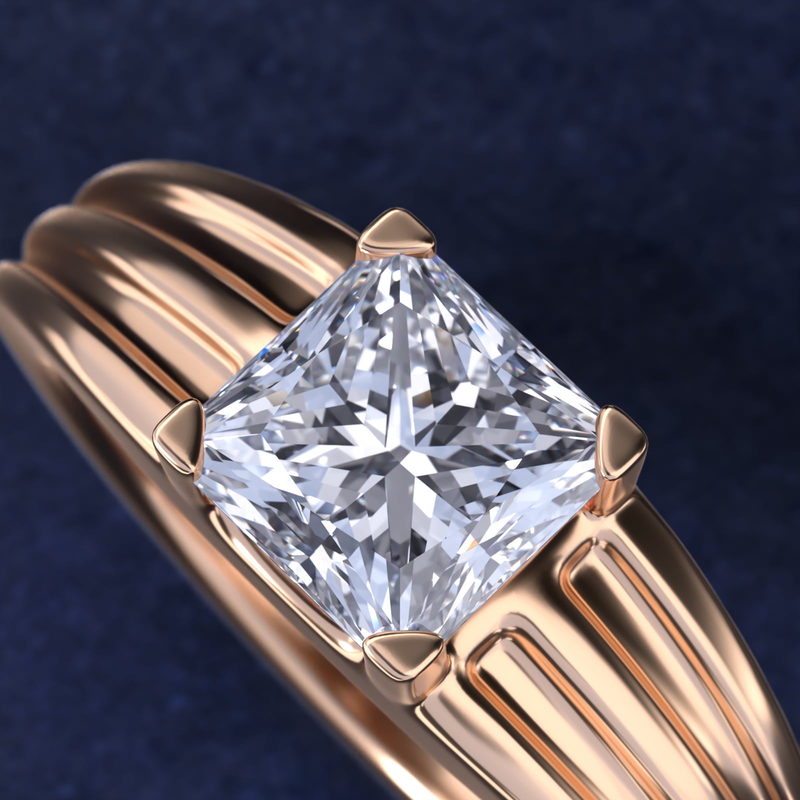Men's Tapered Grooved Solitaire Engagement Ring in 14k Rose Gold - Princess Center