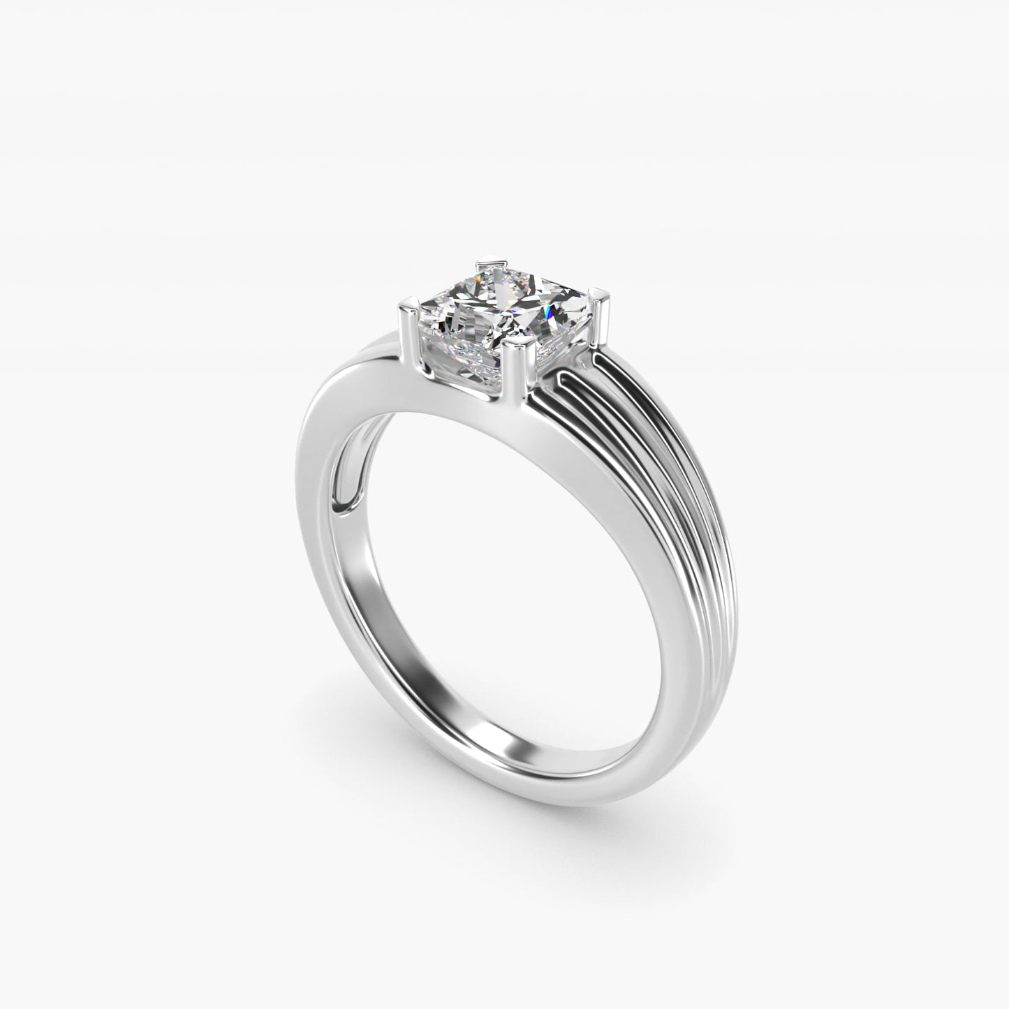 Men's Tapered Grooved Solitaire Engagement Ring in 18k White Gold - Princess Center