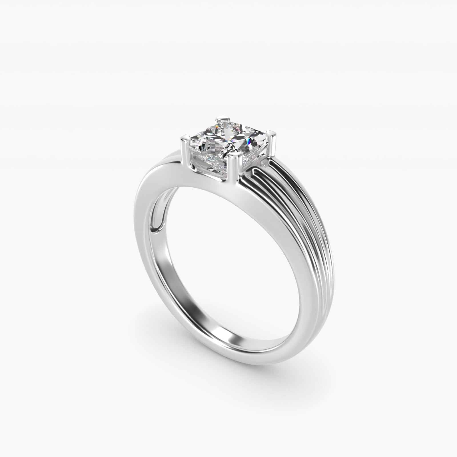 Men's Tapered Grooved Solitaire Engagement Ring in 14k White Gold - Princess Center