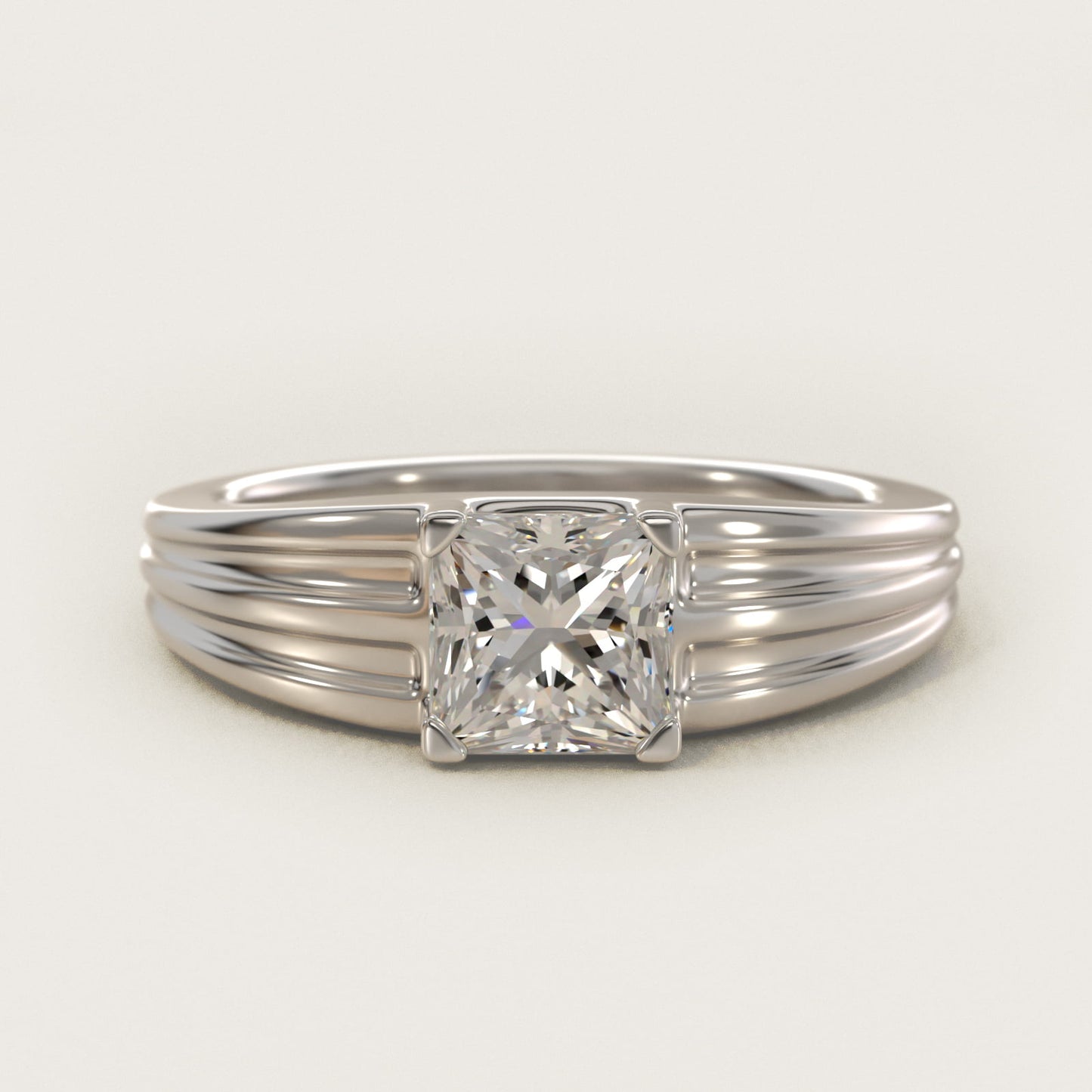 Men's Tapered Grooved Solitaire Engagement Ring in 18k White Gold - Princess Center