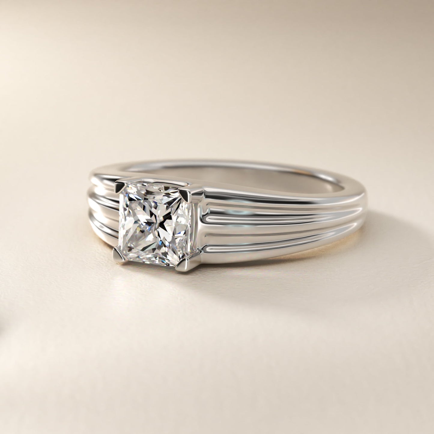 Men's Tapered Grooved Solitaire Engagement Ring in 18k White Gold - Princess Center