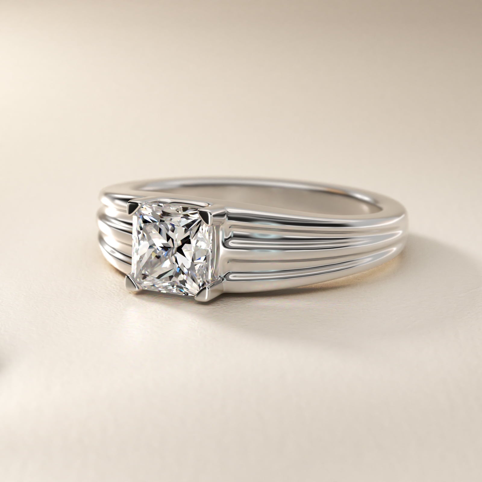 Men's Tapered Grooved Solitaire Engagement Ring in 14k White Gold - Princess Center