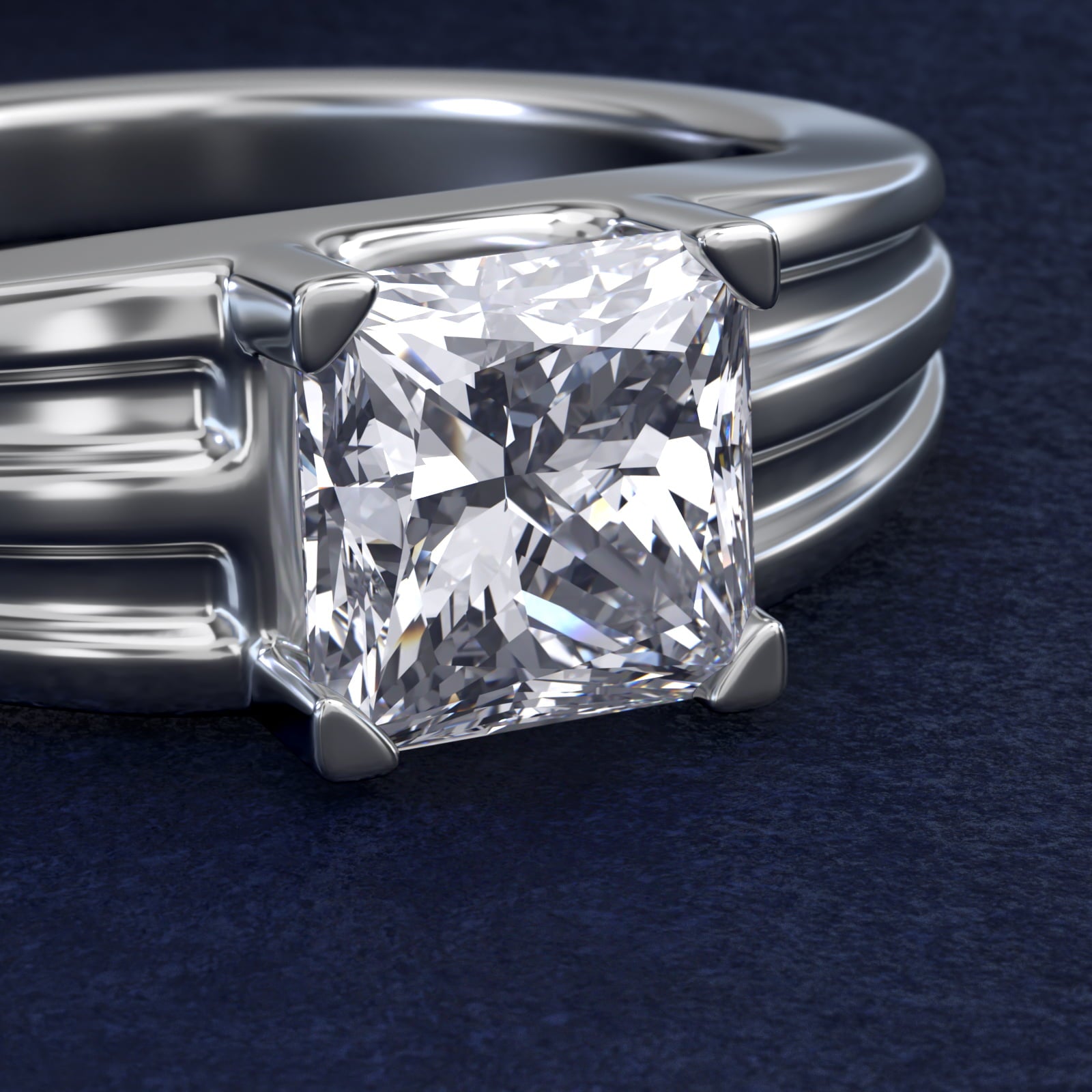 Men's Tapered Grooved Solitaire Engagement Ring in 18k White Gold - Princess Center