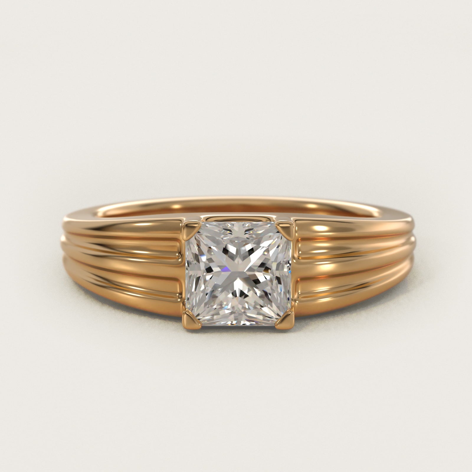 Men's Tapered Grooved Solitaire Engagement Ring in 18k Yellow Gold - Princess Center